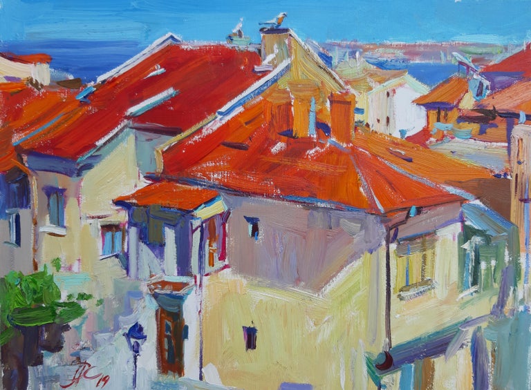 Alina Khrapchynska Landscape Painting - Sozopol's Roofs - Landscape Oil Painting Colors Red Blue Orange Yellow White