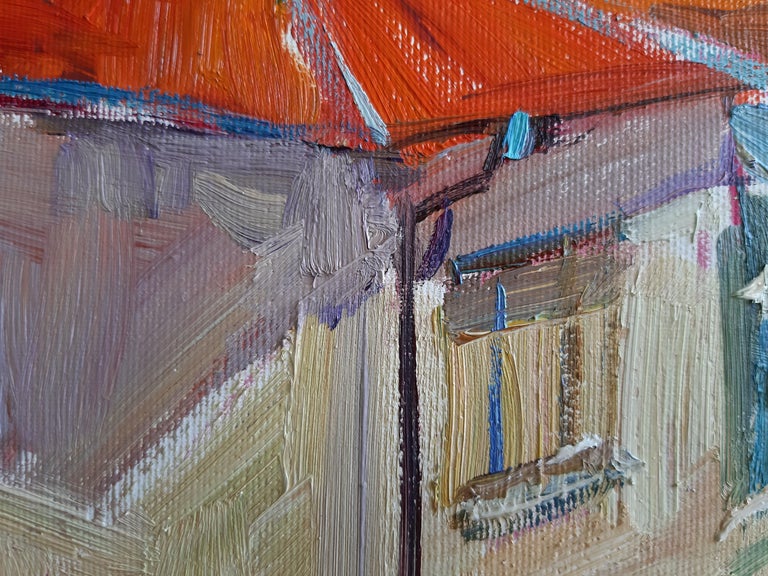 Sozopol's Roofs - Landscape Oil Painting Colors Red Blue Orange Yellow White - Gray Landscape Painting by Alina Khrapchynska