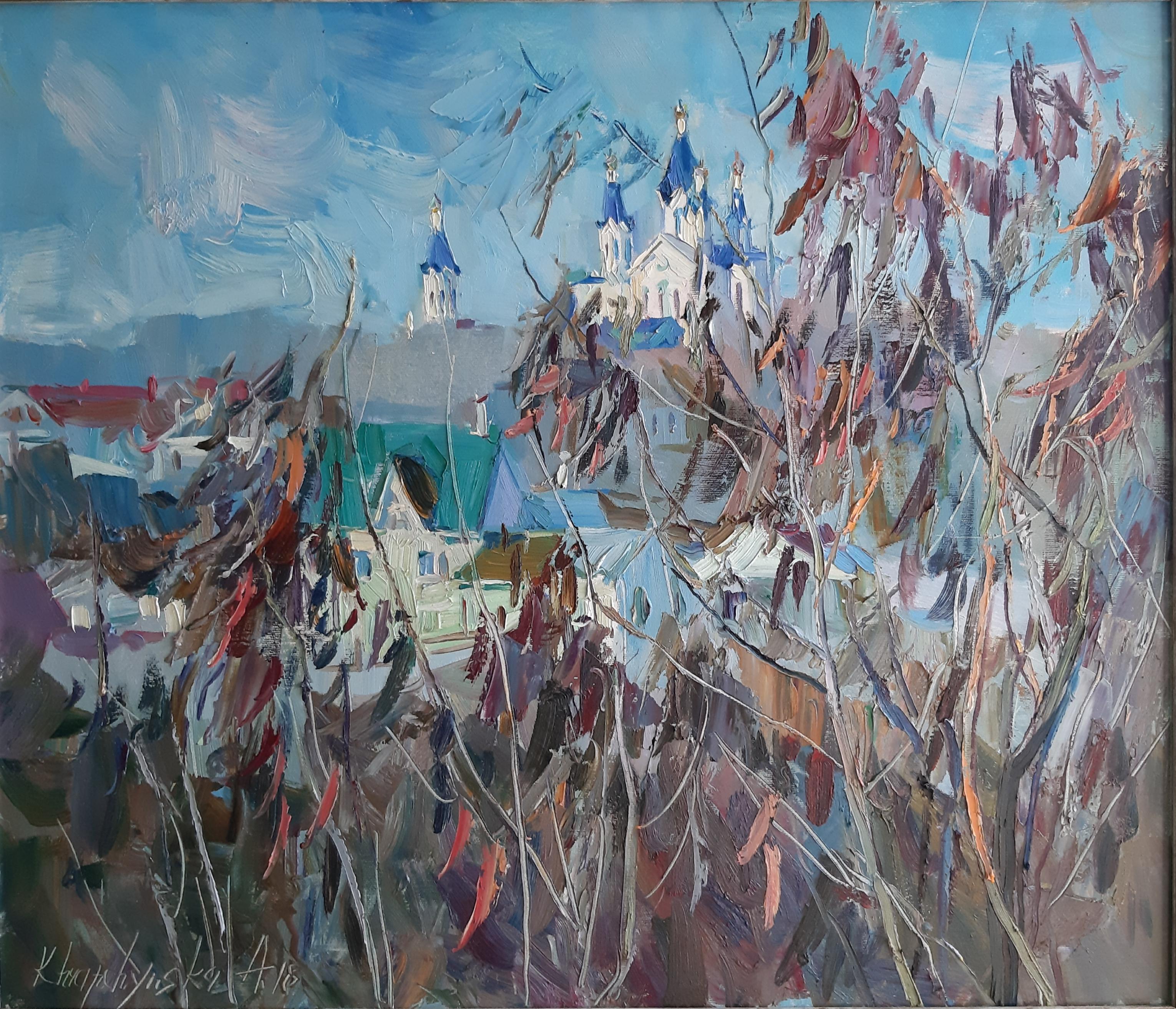 Alina Khrapchynska Landscape Painting - Winter Leaves- Landscape Oil Painting Colors Blue Grey White Brown