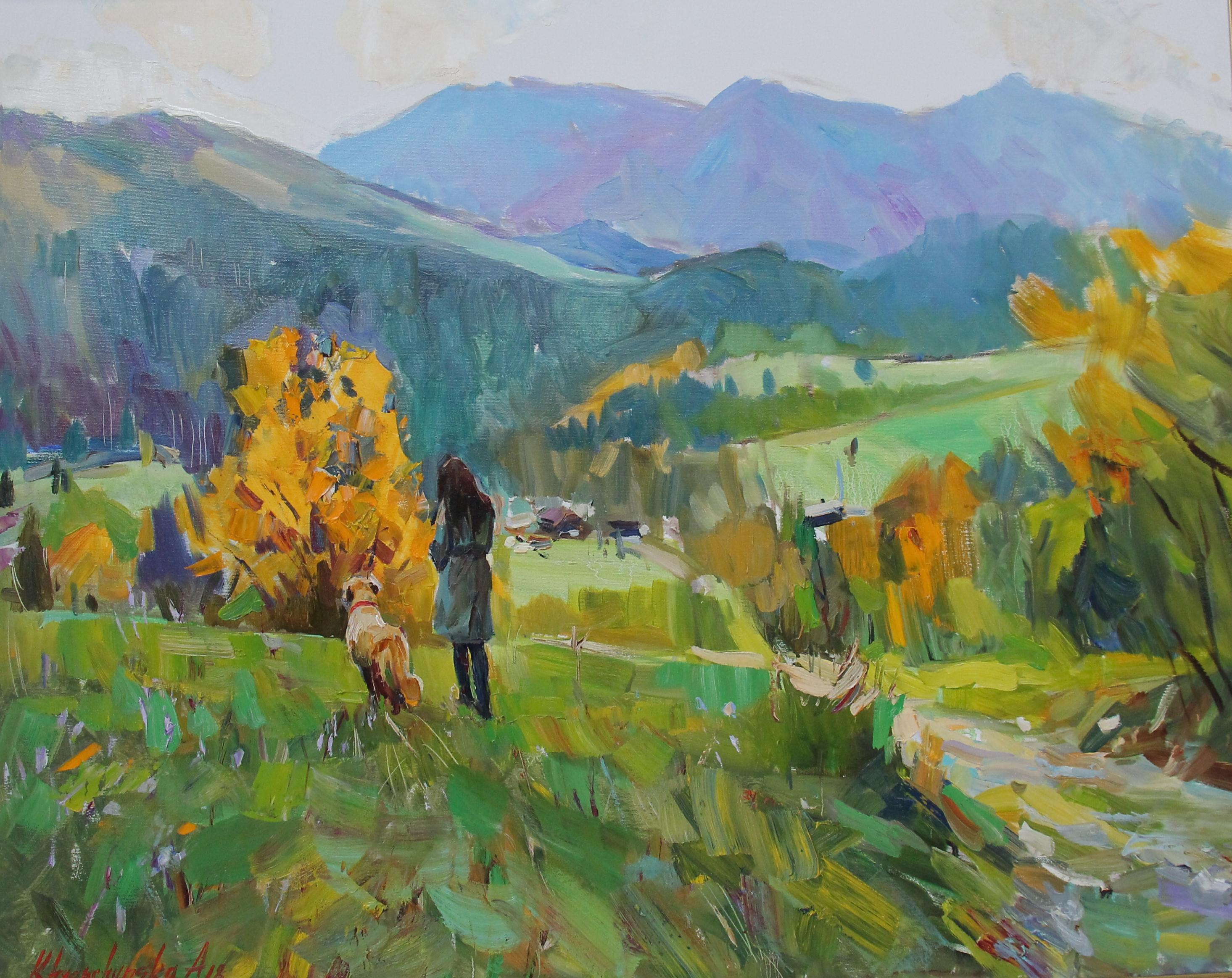 Alina Khrapchynska Landscape Painting - Expectation - Landscape Oil Panting Colors Blue Yellow Green Brown Grey 