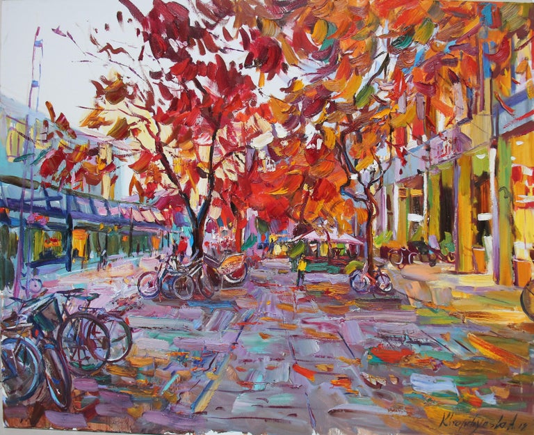 Alina Khrapchynska Landscape Painting - Colorful Autumn -Landscape Oil Painting Colors Orange Yellow Blue Red Pink White