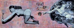 Used Bettie Was There II Figurative Acrylic Painting White Black Blue Grey Pink Green