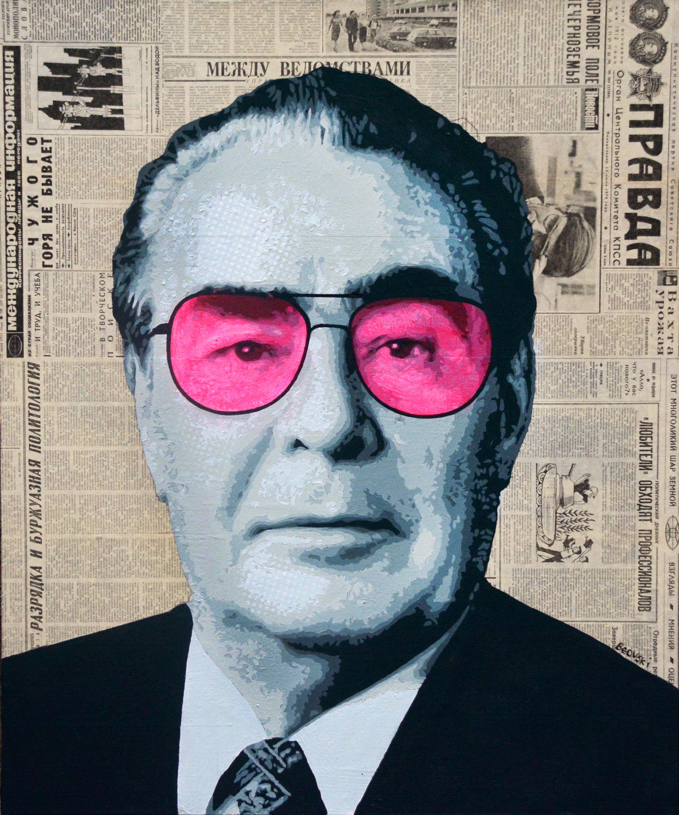 Portrait Painting de Stanislav Belovski - Brezhnev - Pintura acrílica figurativa Blanco Negro Azul Gris Rosa Verde