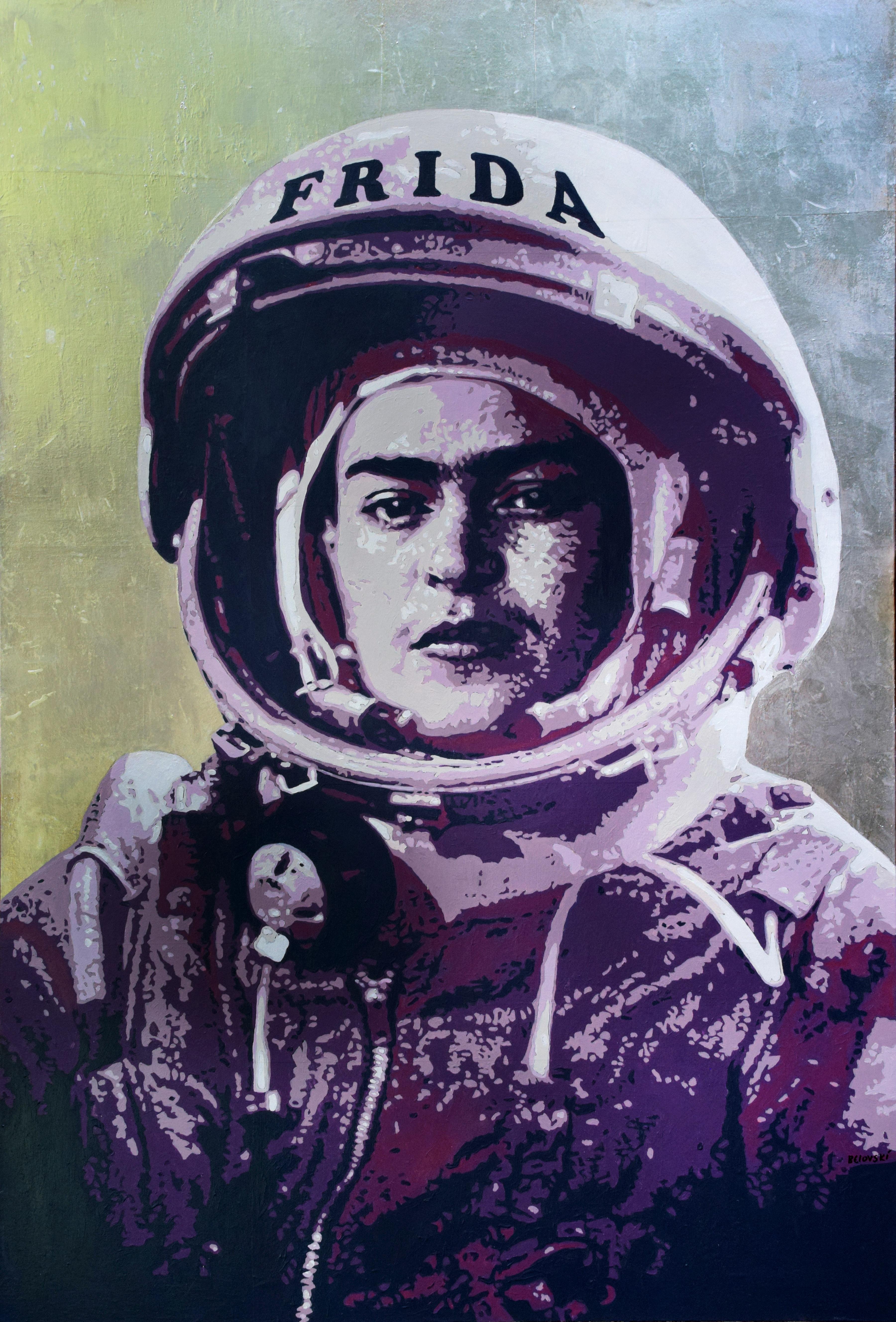 Portrait Painting Stanislav Belovski - Frida - Peinture figurative acrylique blanche, noire, bleue, grise, rose et verte