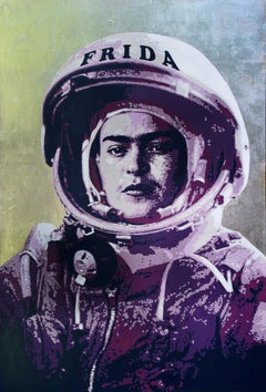Frida - Figurative Acrylic Painting White Black Blue Grey Pink Green