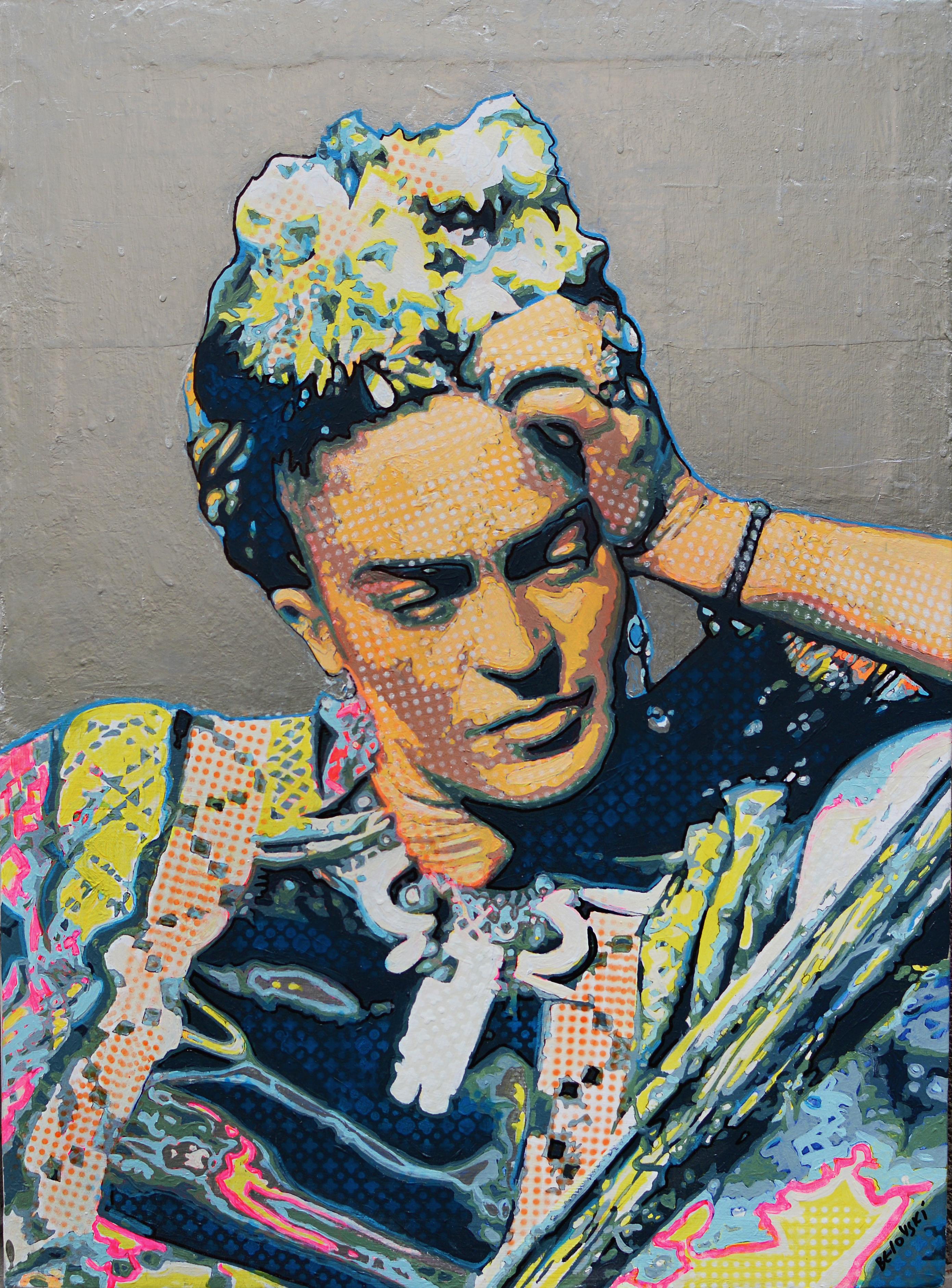 Frida - II - Figurative Acrylic Painting White Black Blue Grey Pink Green