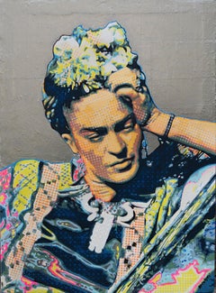 Frida - II - Peinture acrylique figurative blanc, noir, bleu, gris, rose et vert