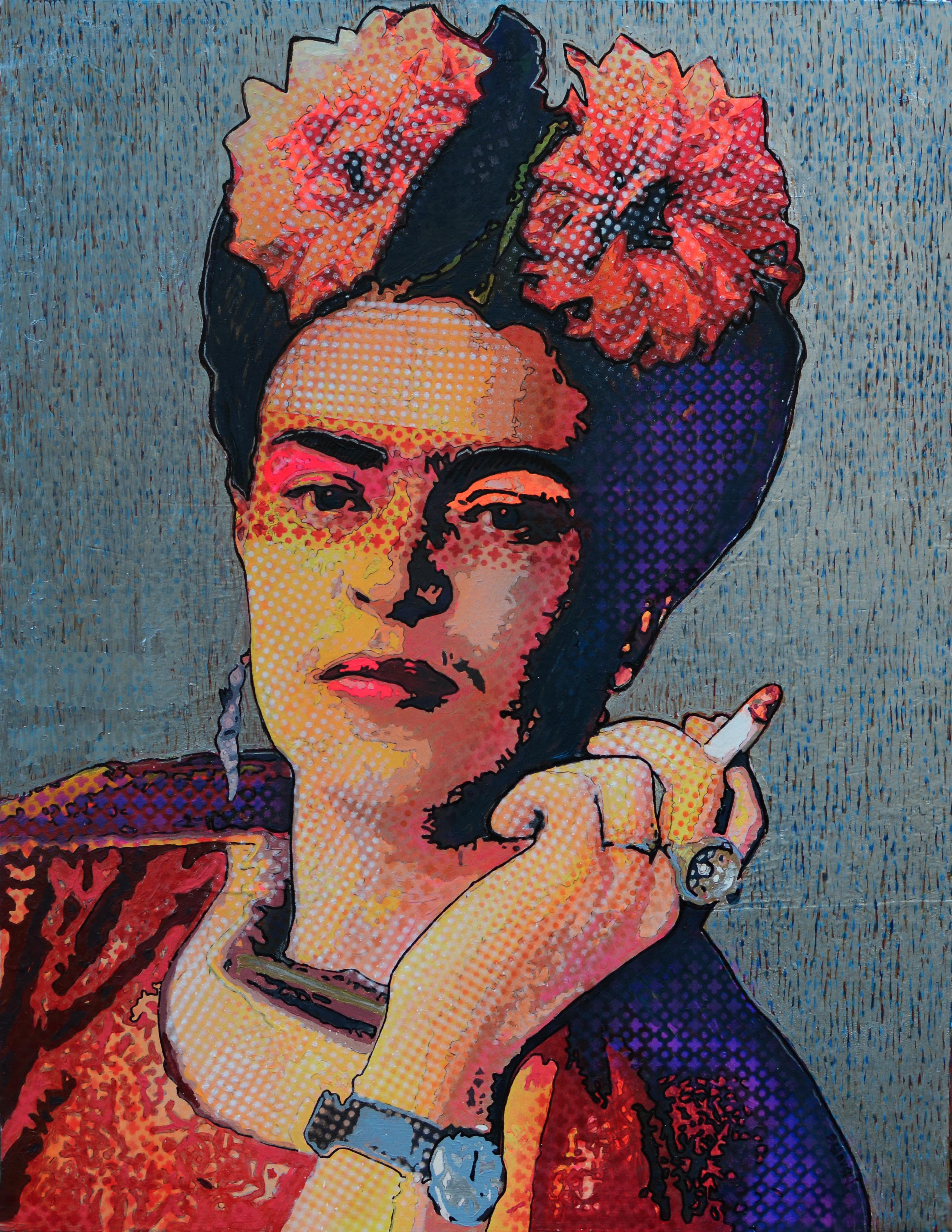 Frida - III - Figuratives Acrylgemälde in Weiß, Schwarz, Blau, Grau und Rosa Grün