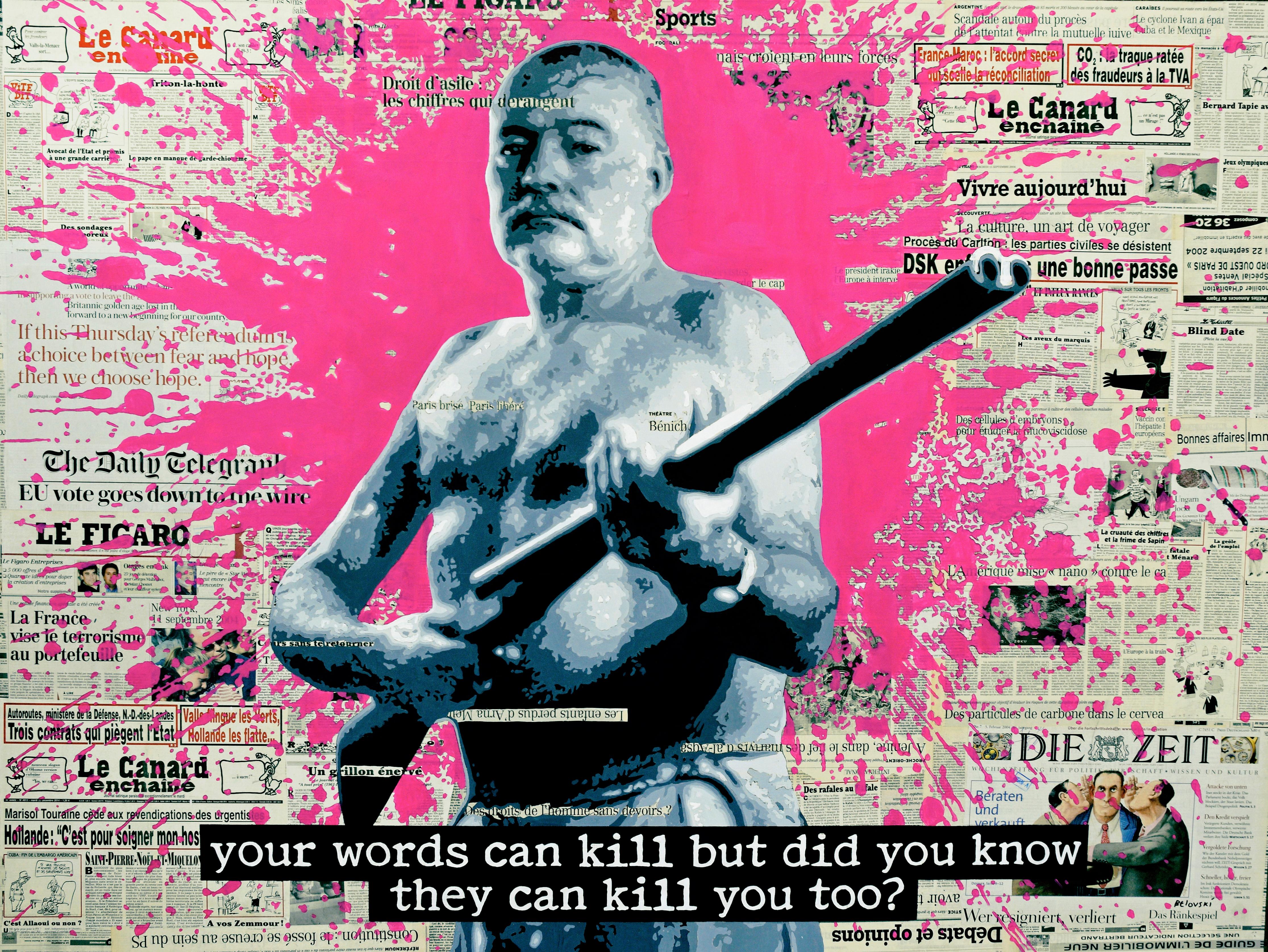 Portrait Painting de Stanislav Belovski - Hemingway - Pintura acrílica figurativa Blanco Negro Gris Rosa Amarillo