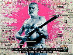 Hemingway - Figurative Acrylic Painting White Black Grey Pink Yellow