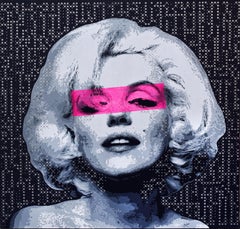 Marilyn -I Peinture figurative à l'acrylique blanche, noire, grise et rose