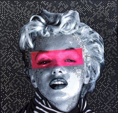 Marilyn -II - Peinture figurative acrylique blanche, noire, grise et rose 