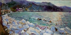 Marble Beach - Landscape Oil Painting Colors White Blue Green Brown Purple