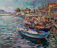 Fisher Boat Bay - Landscape Oil Painting Blue White Green Red Brown Yellow Pink