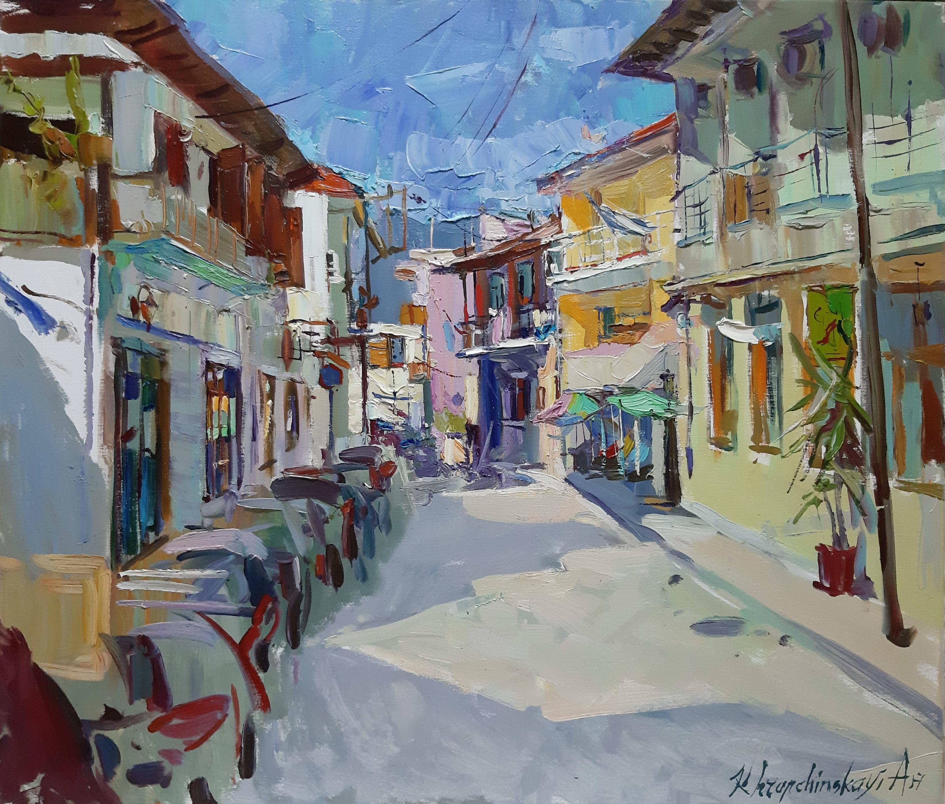 Alina Khrapchynska Landscape Painting - Siesta - Landscape Oil Painting Colors Blue White Brown Grey Yellow Purple Green
