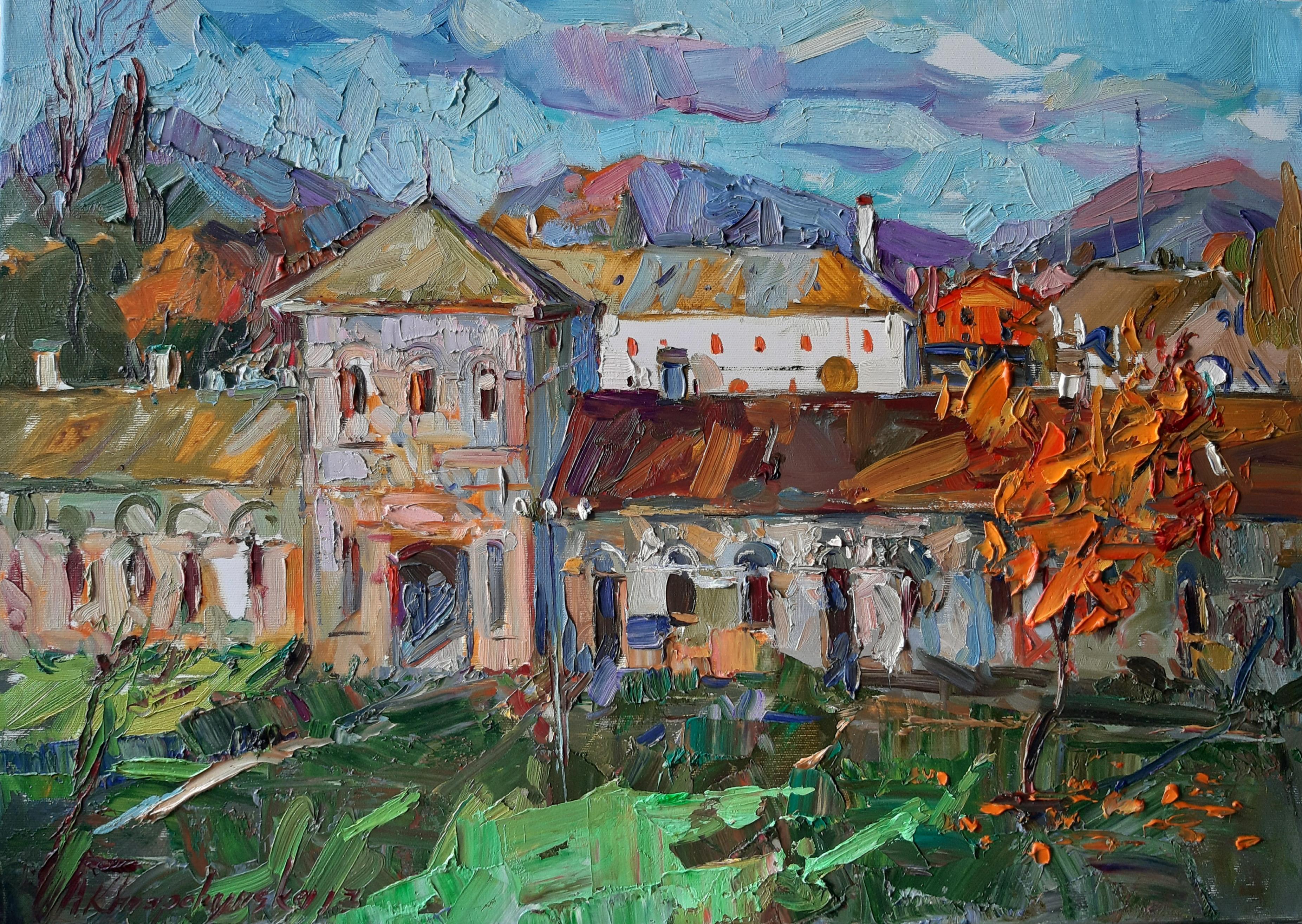 Alina Khrapchynska Landscape Painting - Autumn Chords -Landscape Oil Painting Colors Blue Green Brown White Grey Purple