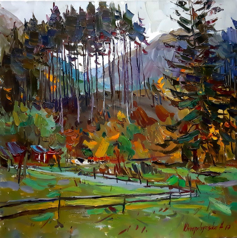 Alina Khrapchynska Landscape Painting - Fairy Tale Forest - Landscape Oil Painting Red Blue Green Brown White Orange