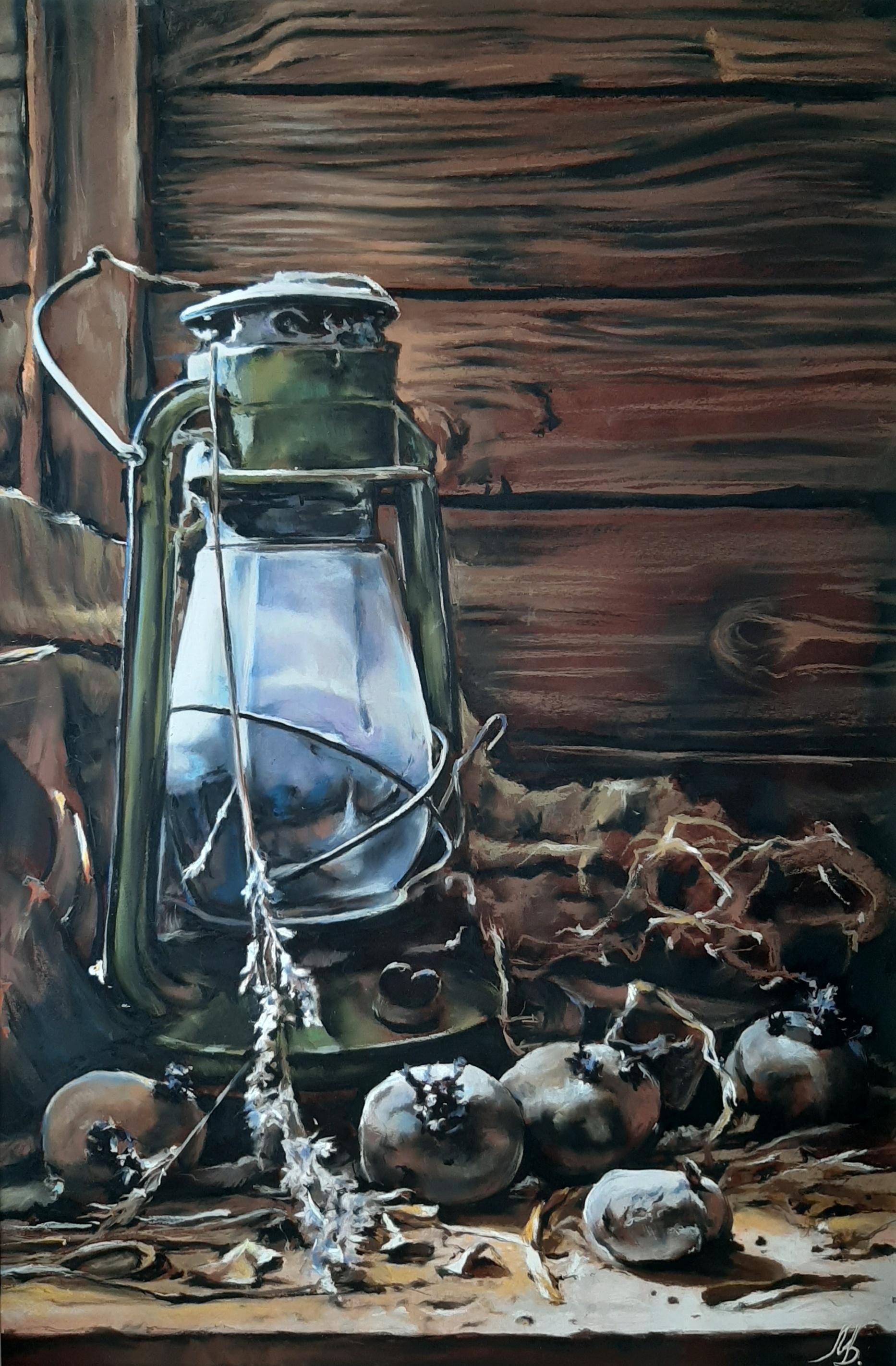 Marina Dobrovolskaya Still-Life Painting - Still-Life With A Lamp - Painting Brown White Black Green Aquatint Watercolor