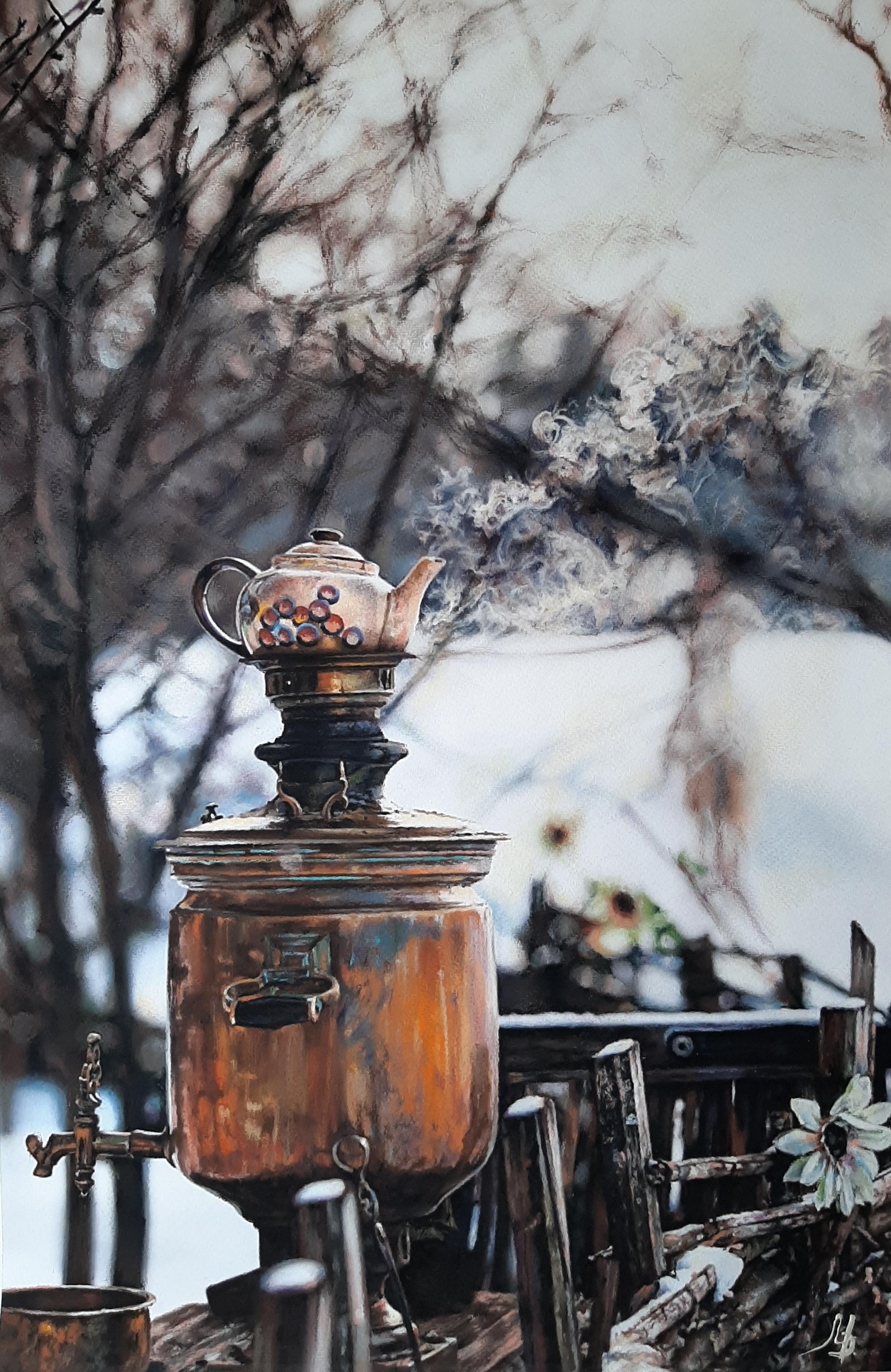 Marina Dobrovolskaya Still-Life Painting - Christmas Still Life - Painting Orange Brown White Black Aquatint Watercolor