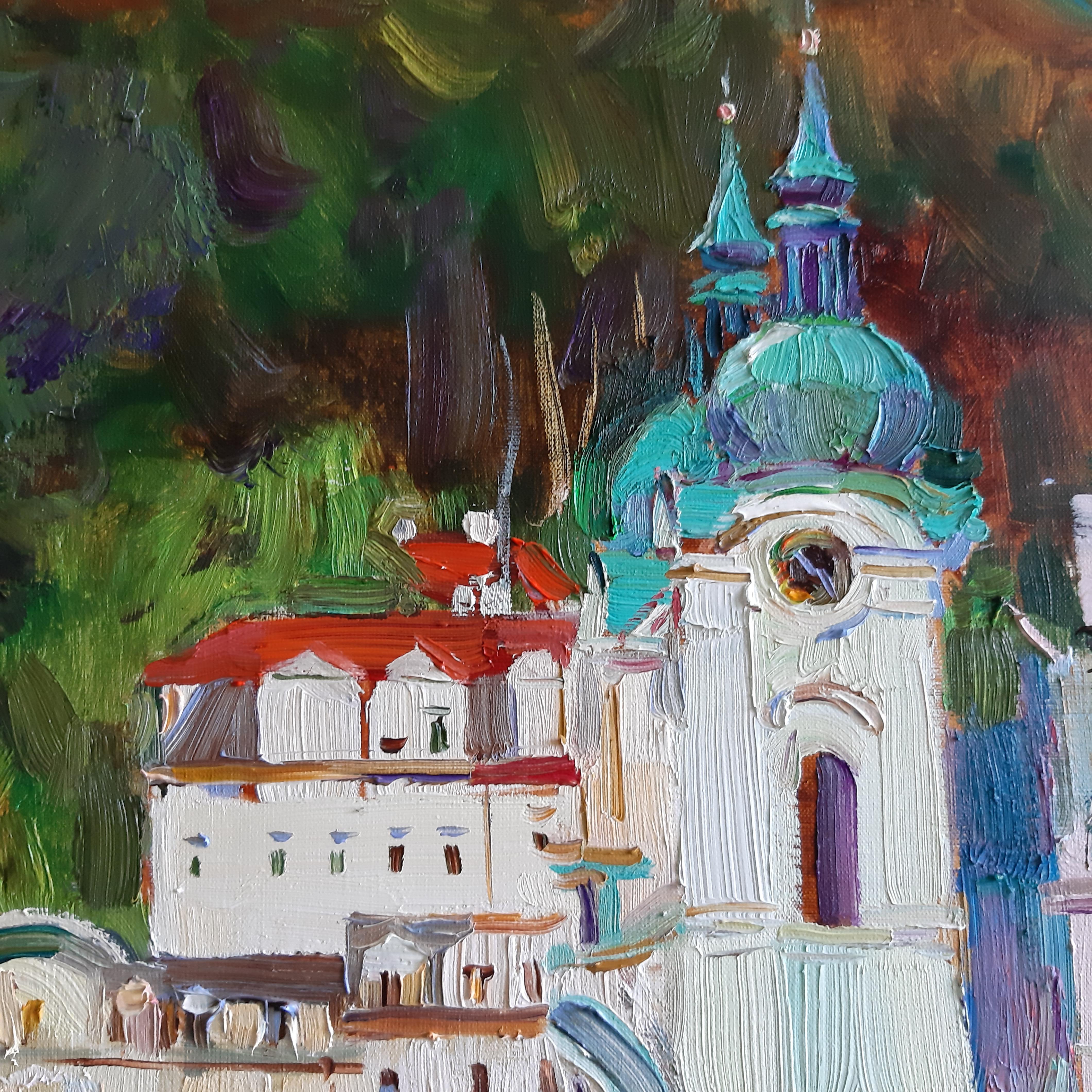 Karlovy Vary, Day of Holiday - Landscape Oil Painting Blue White Green Brown  - Gray Landscape Painting by Alina Khrapchynska