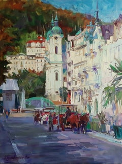 Karlovy Vary, Day of Holiday - Landscape Oil Painting Blue White Green Brown 
