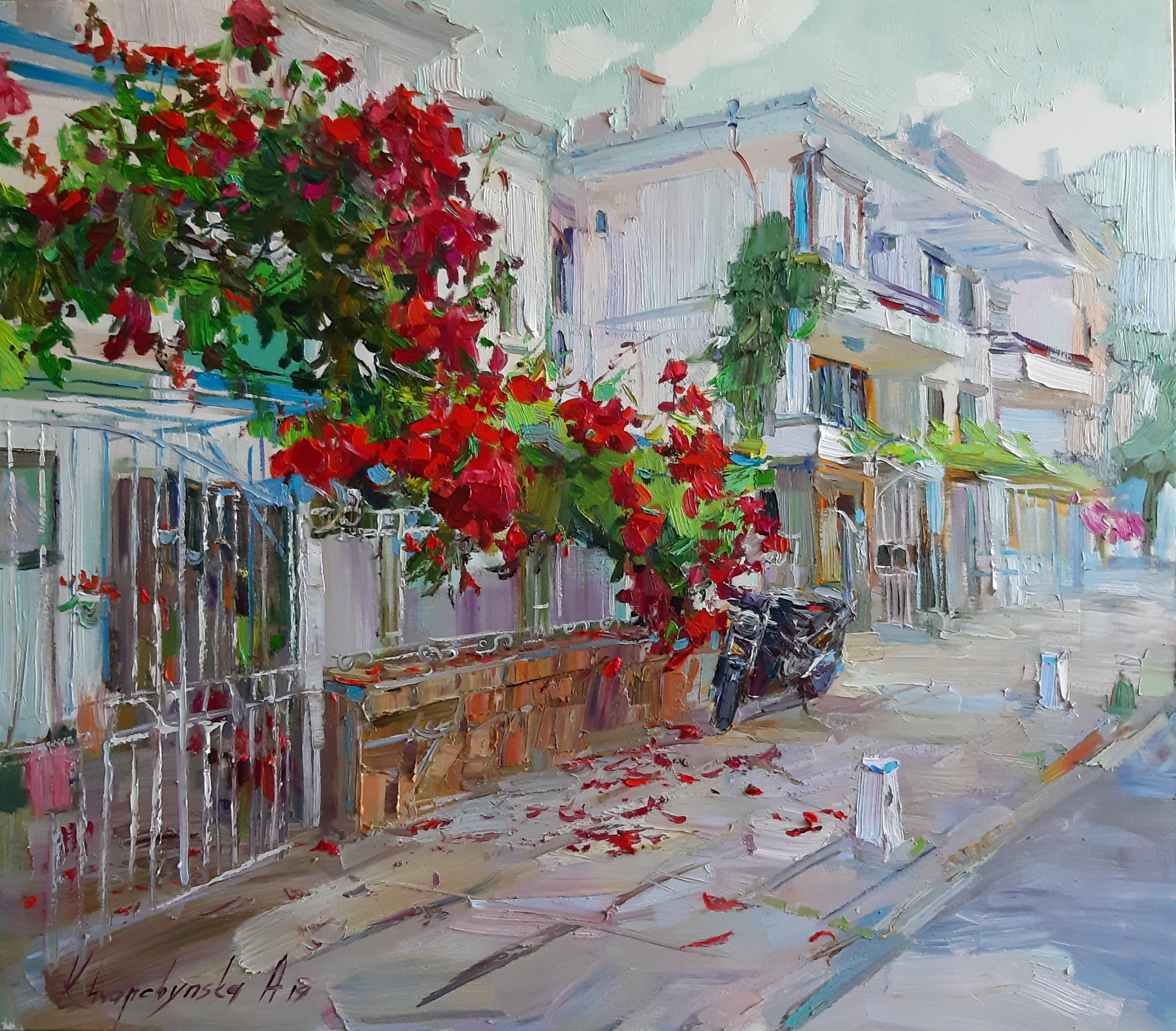 Alina Khrapchynska Landscape Painting - Summer Serenity - Landscape Oil Painting Colors White Red Blue Green Brown Pink