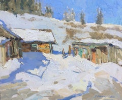 Court d'hiver - Peinture sur toile de paysage, couleurs de l'huile vert, blanc et jaune 