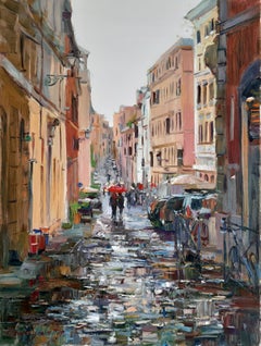 Rainy Autumn Day in Rome -Landscape Oil Painting Blue Brown Grey Pale Pink White