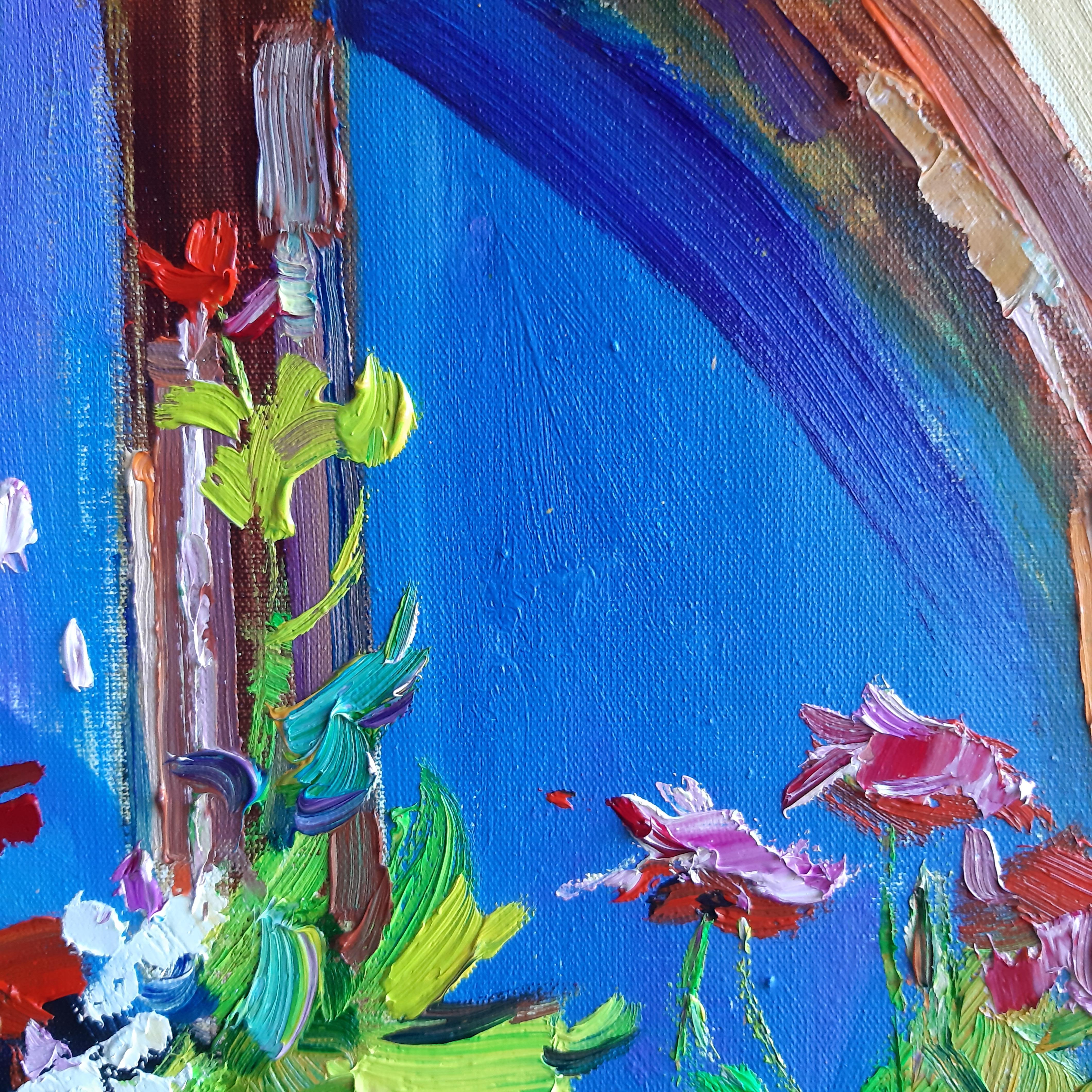 Fiori d'estate - Natura morta dipinta a olio Blu Rosso Arancione Viola Marrone Viola - Painting di Alina Khrapchynska