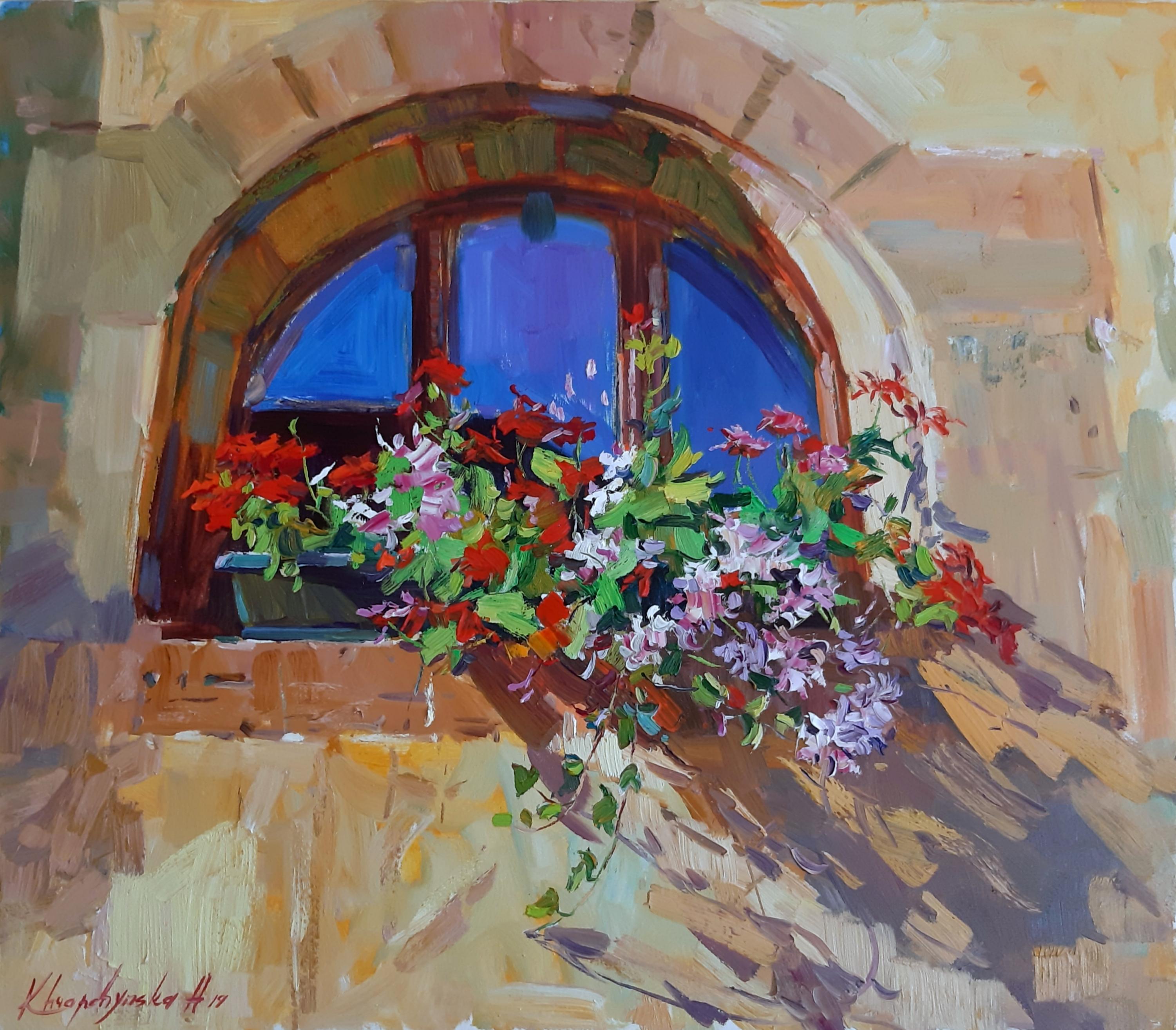 Still-Life Painting di Alina Khrapchynska - Fiori d'estate - Natura morta dipinta a olio Blu Rosso Arancione Viola Marrone Viola