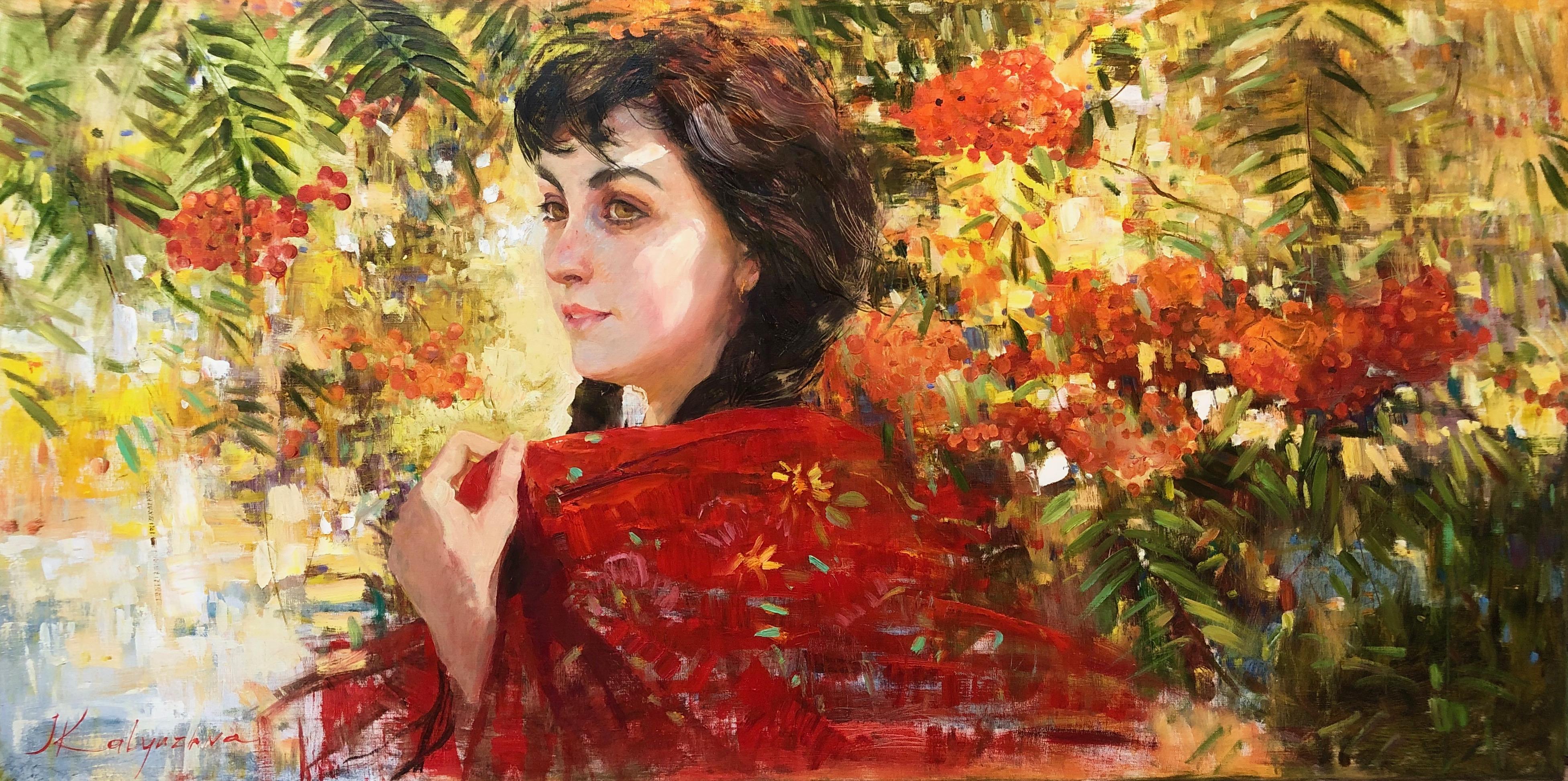 Iryna Kalyuzhna Portrait Painting – Roter roter Schal