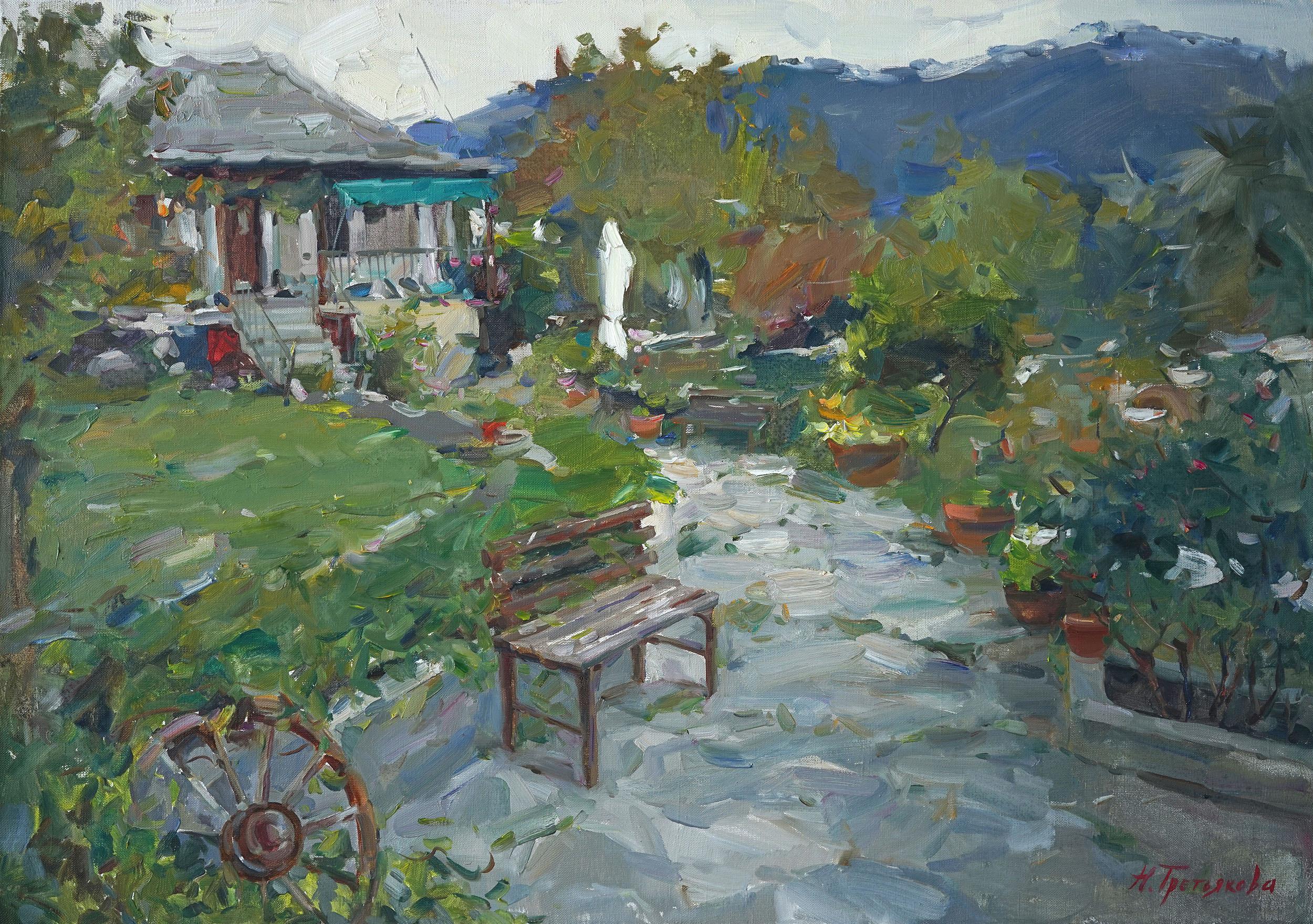 Nataliya Tretyakova Landscape Painting - Old Village In Greece - Landscape Oil Painting Green White Blue Black Brown Grey