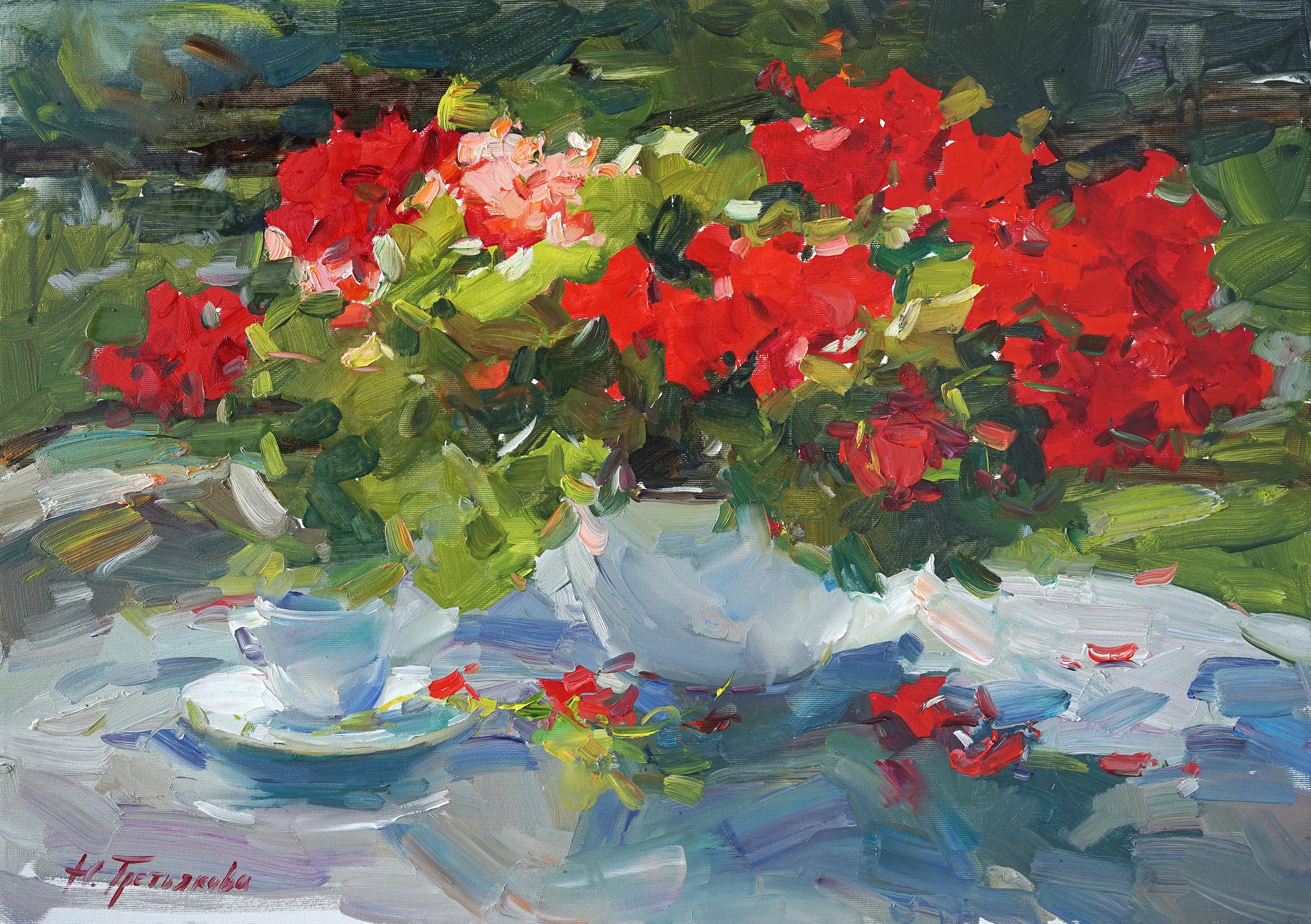 Nataliya Tretyakova Still-Life Painting - Geranium - Still-Life Oil Painting Colors Red Green Brown Blue Grey Pink White