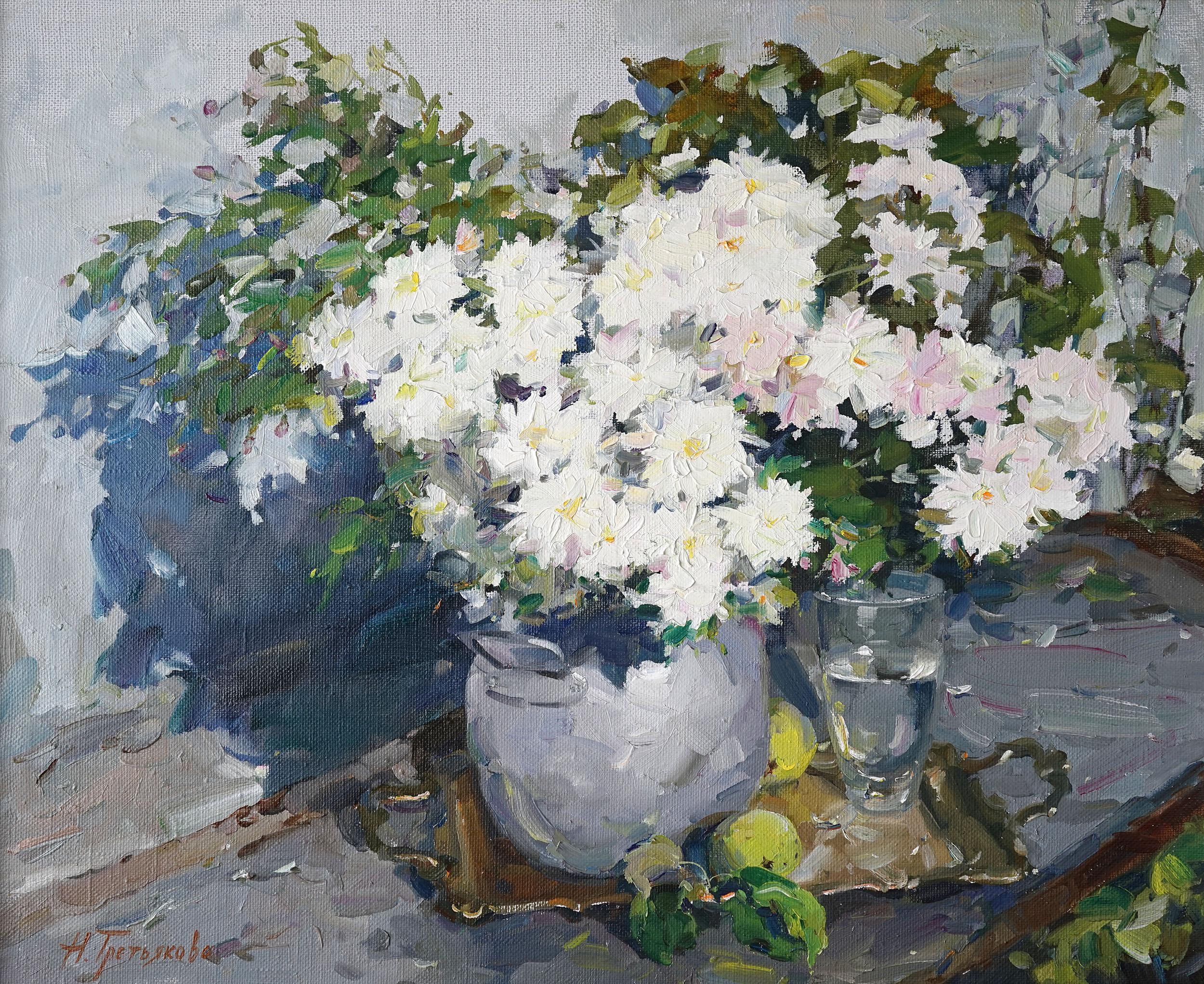 Nataliya Tretyakova Still-Life Painting - White Chrysanthemums - Still-Life Oil Painting White Green Brown Blue Grey 