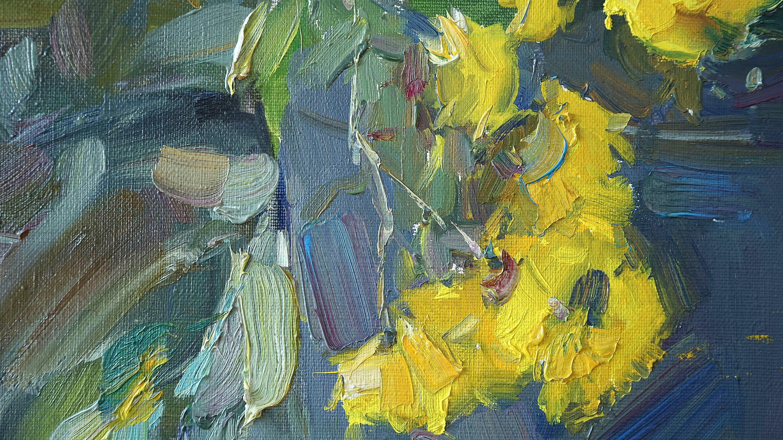 Lemon Chrysanthemums - Gray Still-Life Painting by Nataliya Tretyakova