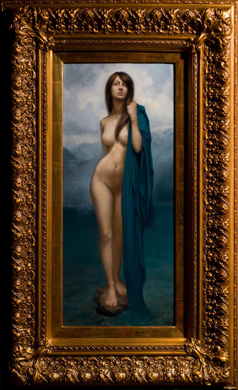 Lyubena Fox Figurative Painting - Nymph Of Rila Lakes - Oil Nude Painting Colors Pale Black White Grey Blue Green