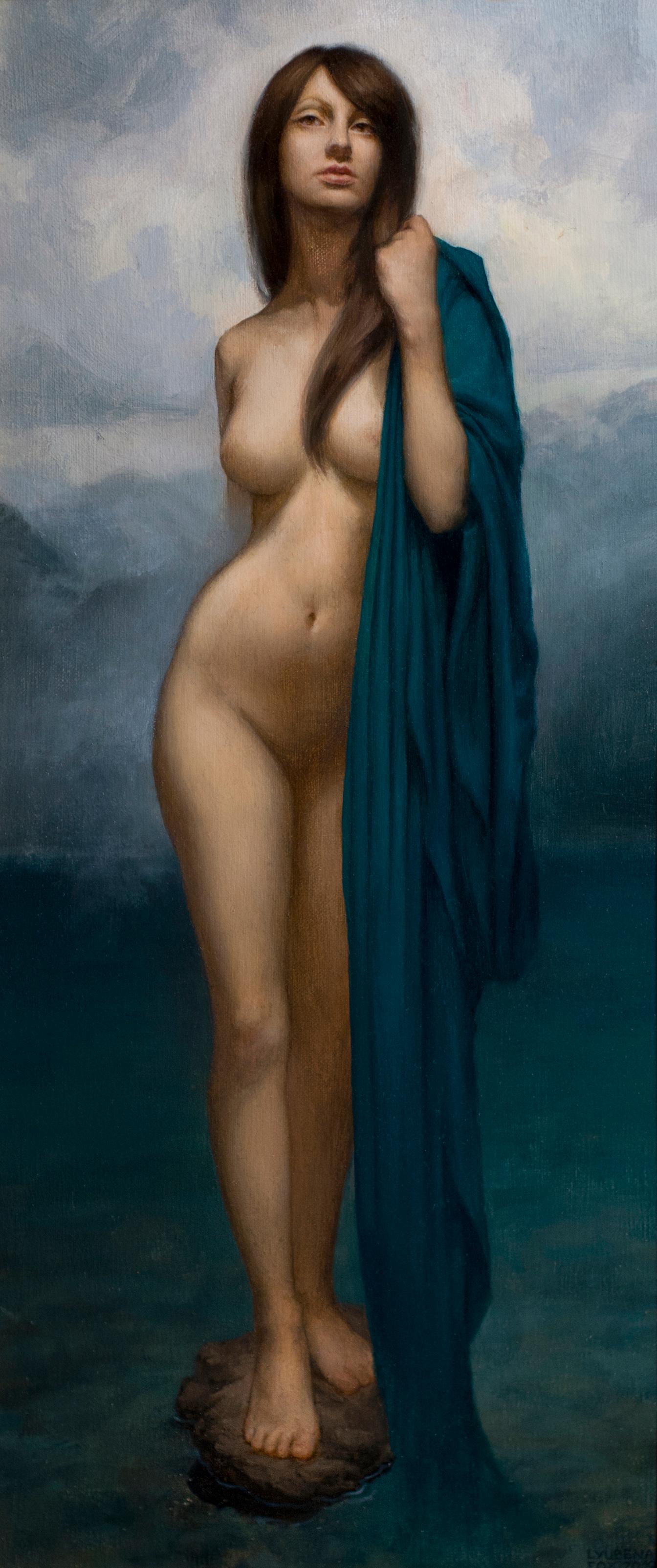 Nymphe der Rila-Seee – Öl-Nacktgemälde in den Farben Blase Schwarz Weiß Grau Blau Grün – Painting von Lyubena Fox