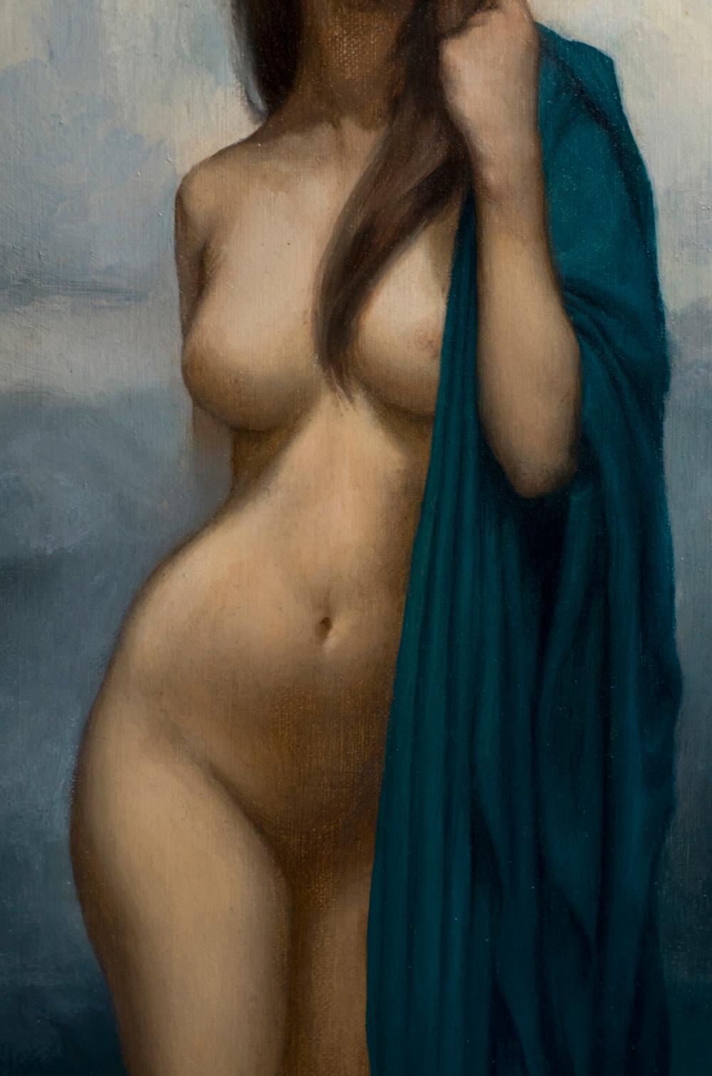 Nymphe der Rila-Seee – Öl-Nacktgemälde in den Farben Blase Schwarz Weiß Grau Blau Grün (Realismus), Painting, von Lyubena Fox