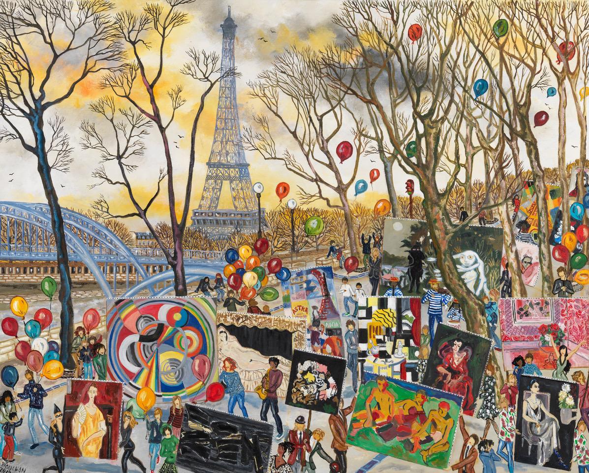 Maestro Bouchon Figurative Painting - Party At The Eiffel Tower Oil Painting Yellow Red Purple Grey Blue White Brown 