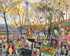 Party At The Eiffel Tower Oil Painting Yellow Red Purple Grey Blue White Brown 