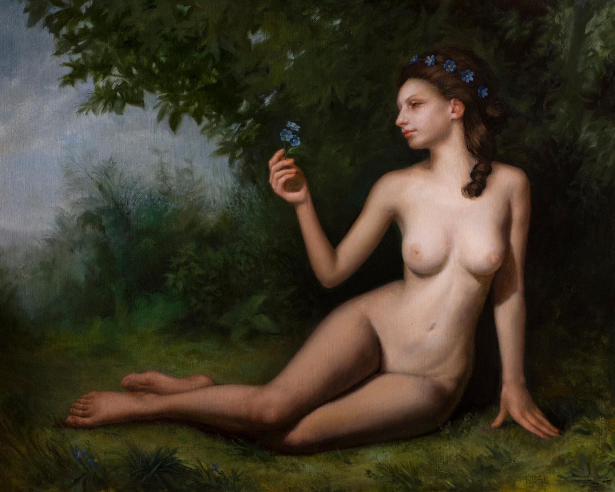 Forest Nymph - Figurative Nude Oil Painting Colors Brown Grey Pale Blue Green