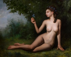 Nymphe de la forêt - Peinture à l'huile figurative d'un nu des couleurs marron, gris, gris pâle, bleu et vert