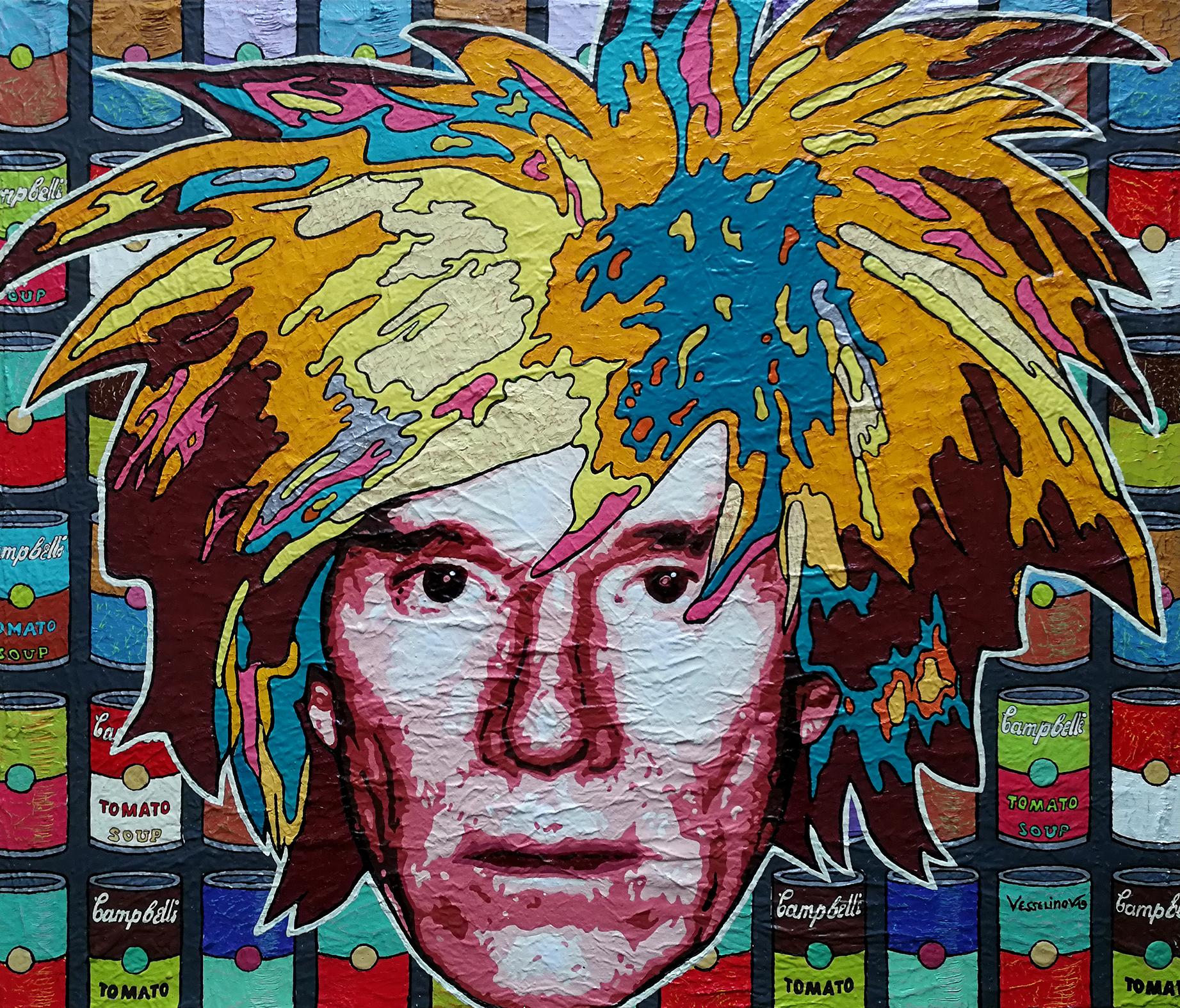 Portrait Painting Vlado Vesselinov - Andy Warhol - Peinture de portrait couleur beige, jaune, vert, orange, blanc et noir