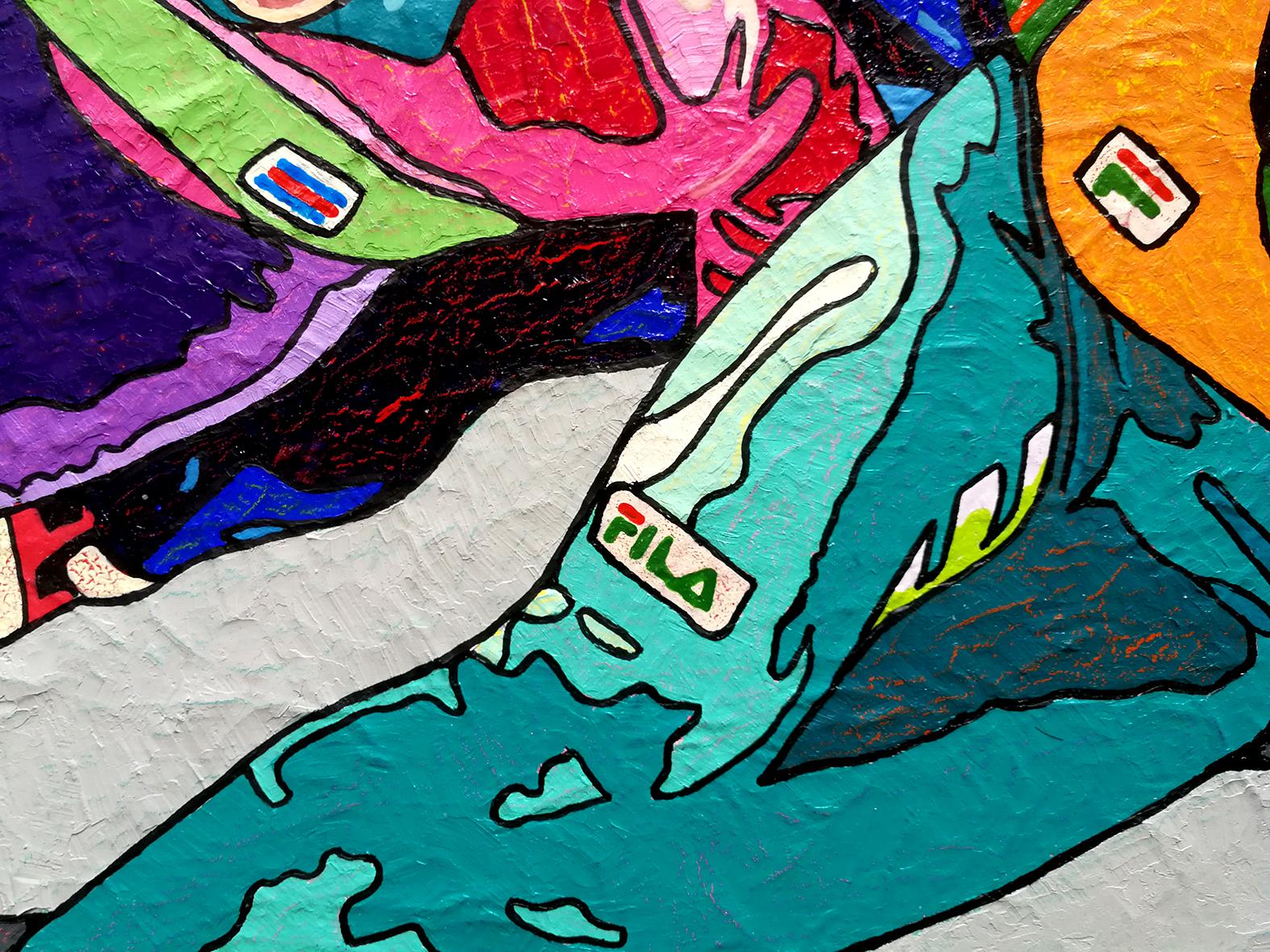 Winterspiele, das große Finale – Sport-Gemälde in den Farben Orange, Gelb, Grün und Blau (Pop-Art), Painting, von Vlado Vesselinov