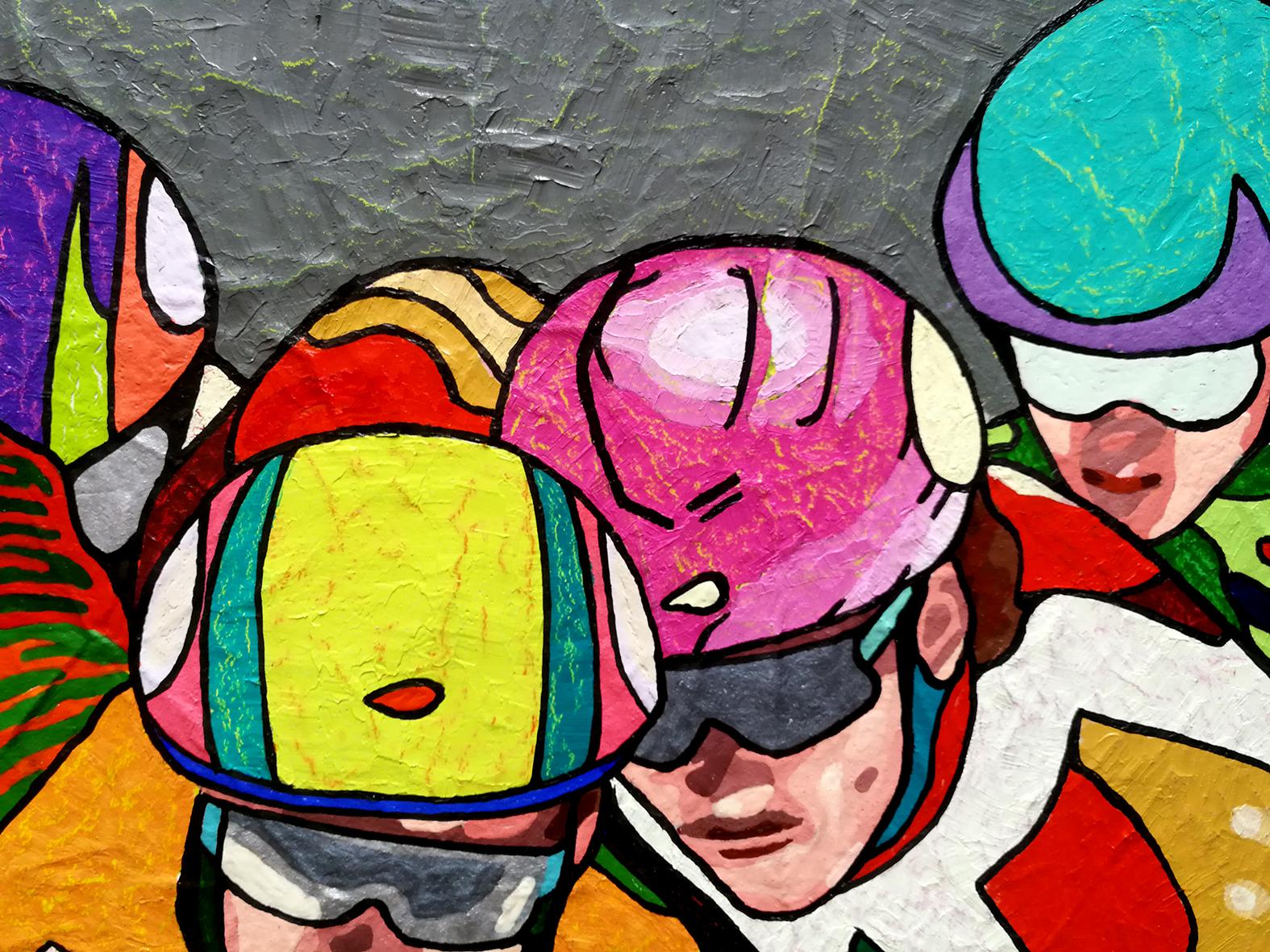Winterspiele, das große Finale – Sport-Gemälde in den Farben Orange, Gelb, Grün und Blau (Schwarz), Figurative Painting, von Vlado Vesselinov