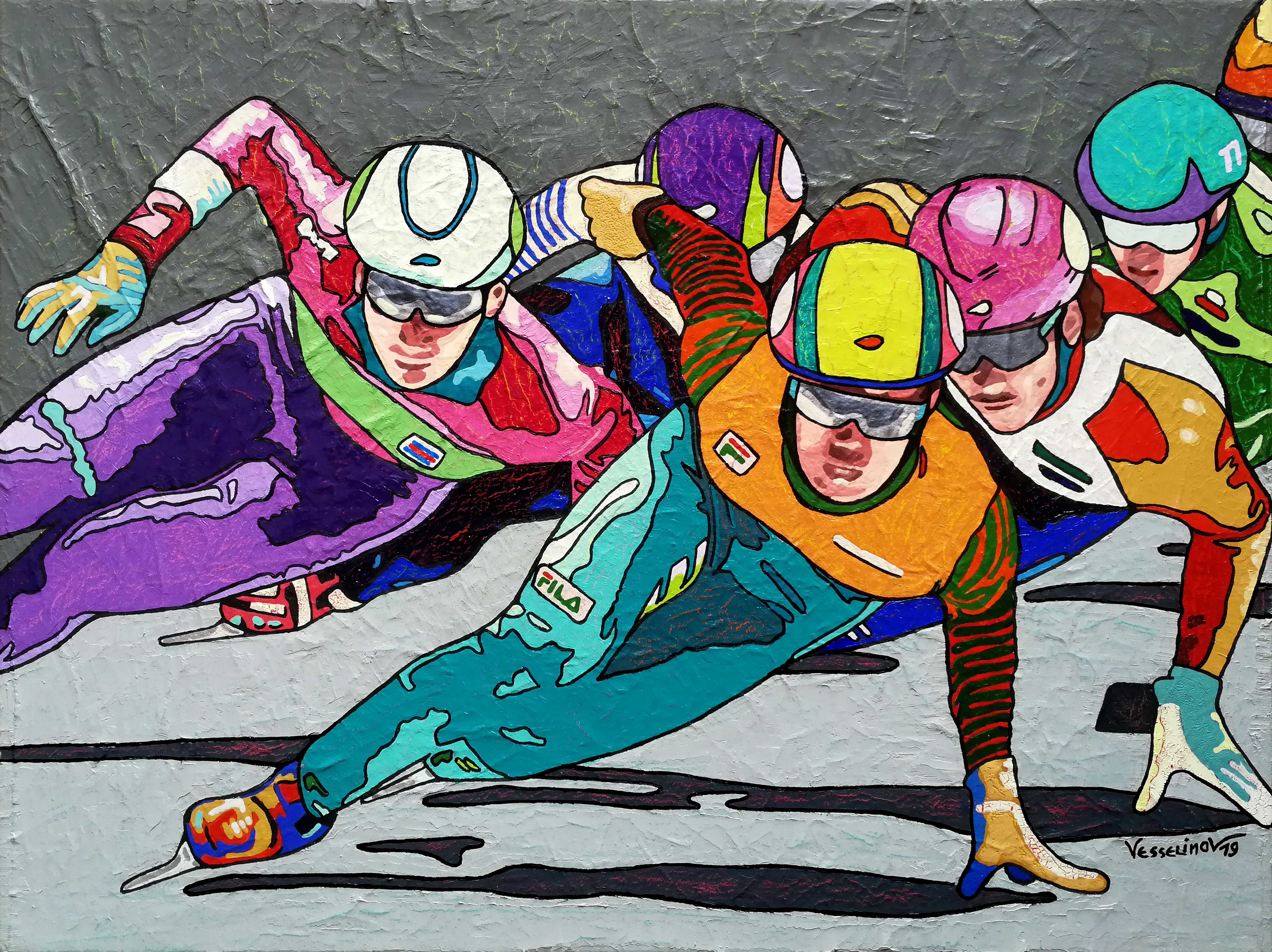 Winterspiele, das große Finale – Sport-Gemälde in den Farben Orange, Gelb, Grün und Blau