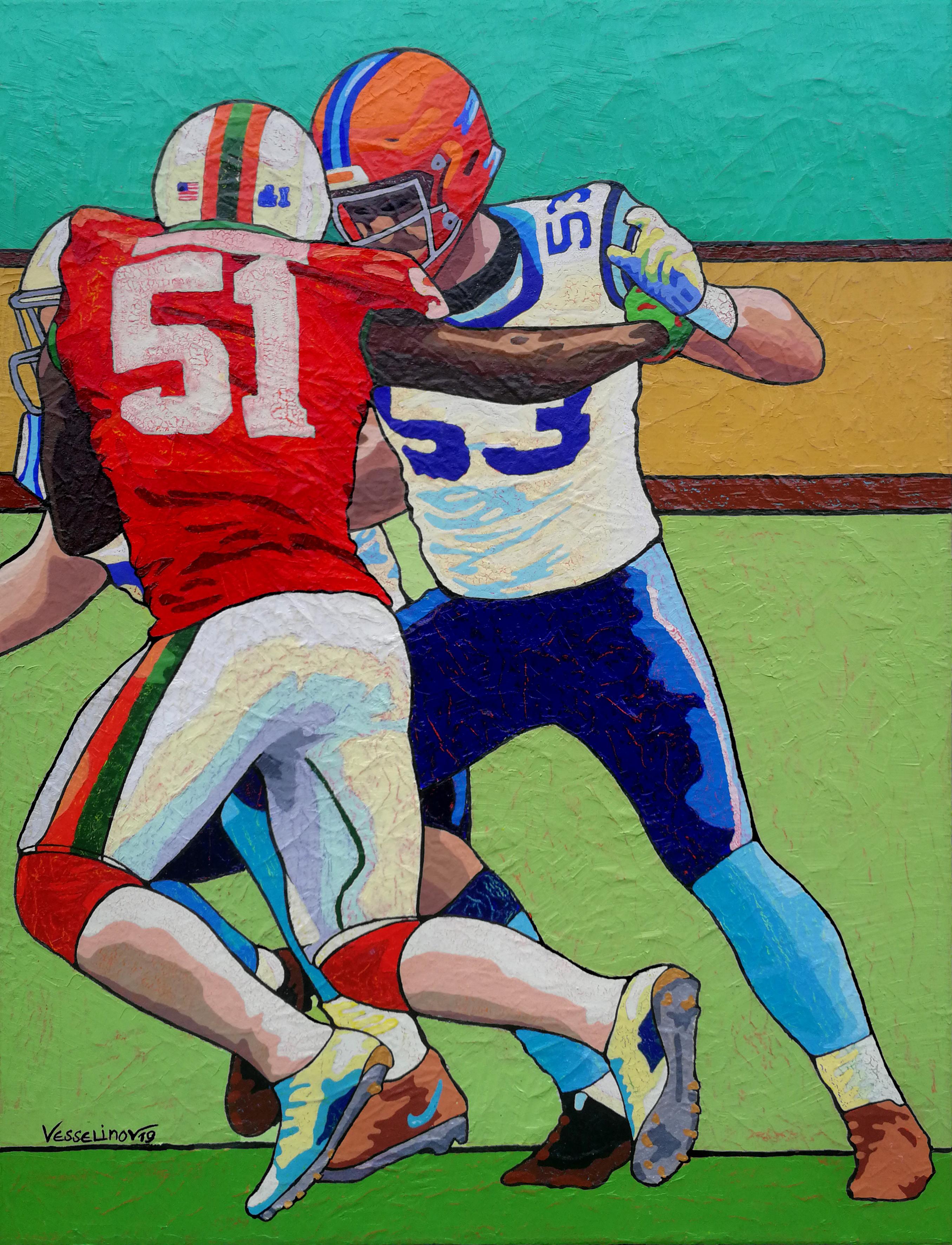 Vlado Vesselinov Figurative Painting – Super Bowl – Sport-Gemälde in den Farben Orange Gelb Grün Blau