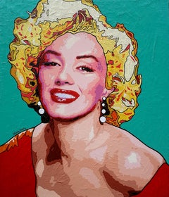 Marilyn Monroe - Gemälde Pop Art in Rot, Grün, Lila, Braun, Weiß und Gelb