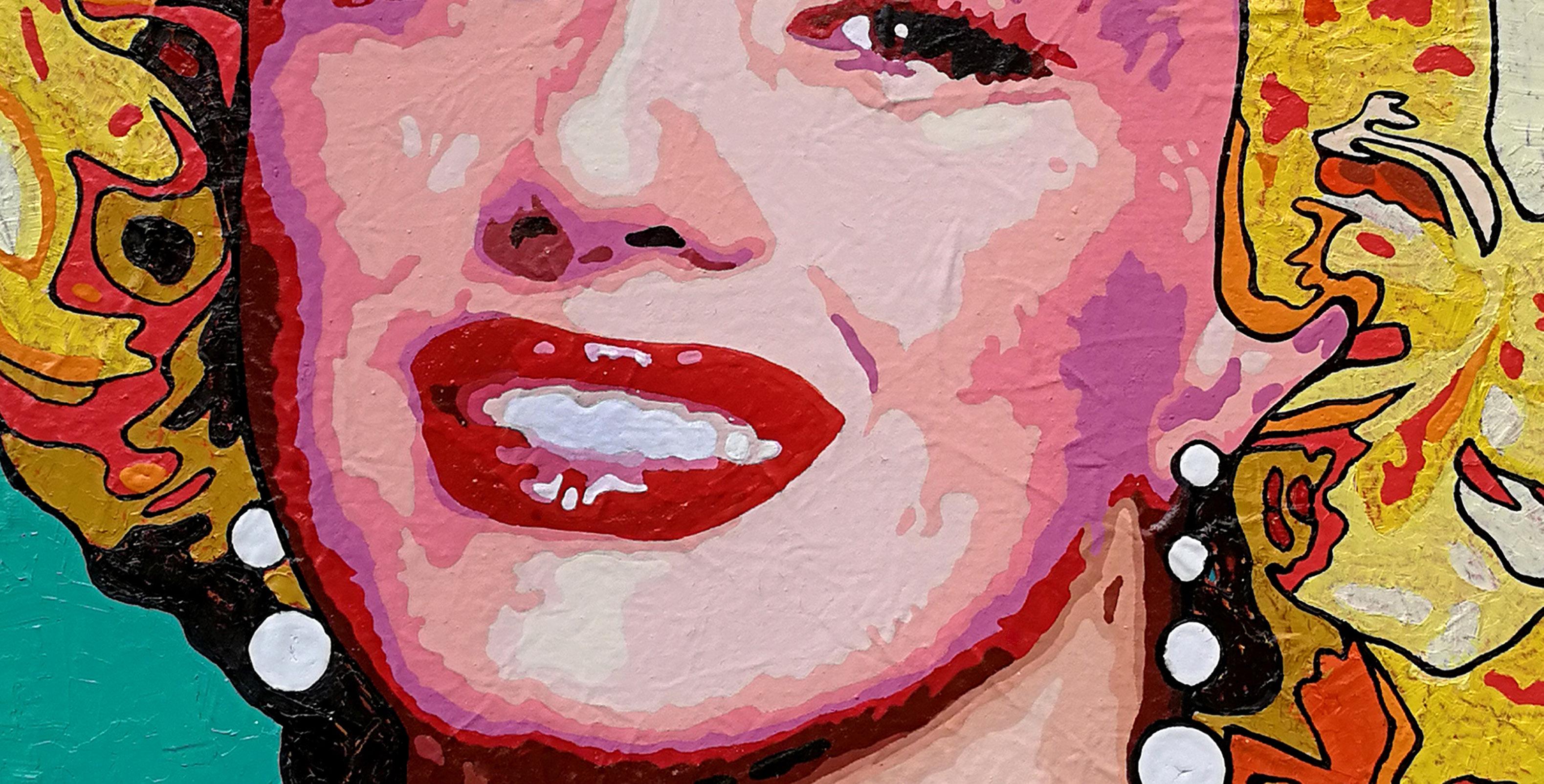 Marilyn Monroe - Gemälde Pop Art in Rot, Grün, Lila, Braun, Weiß und Gelb (Pop-Art), Painting, von Vlado Vesselinov