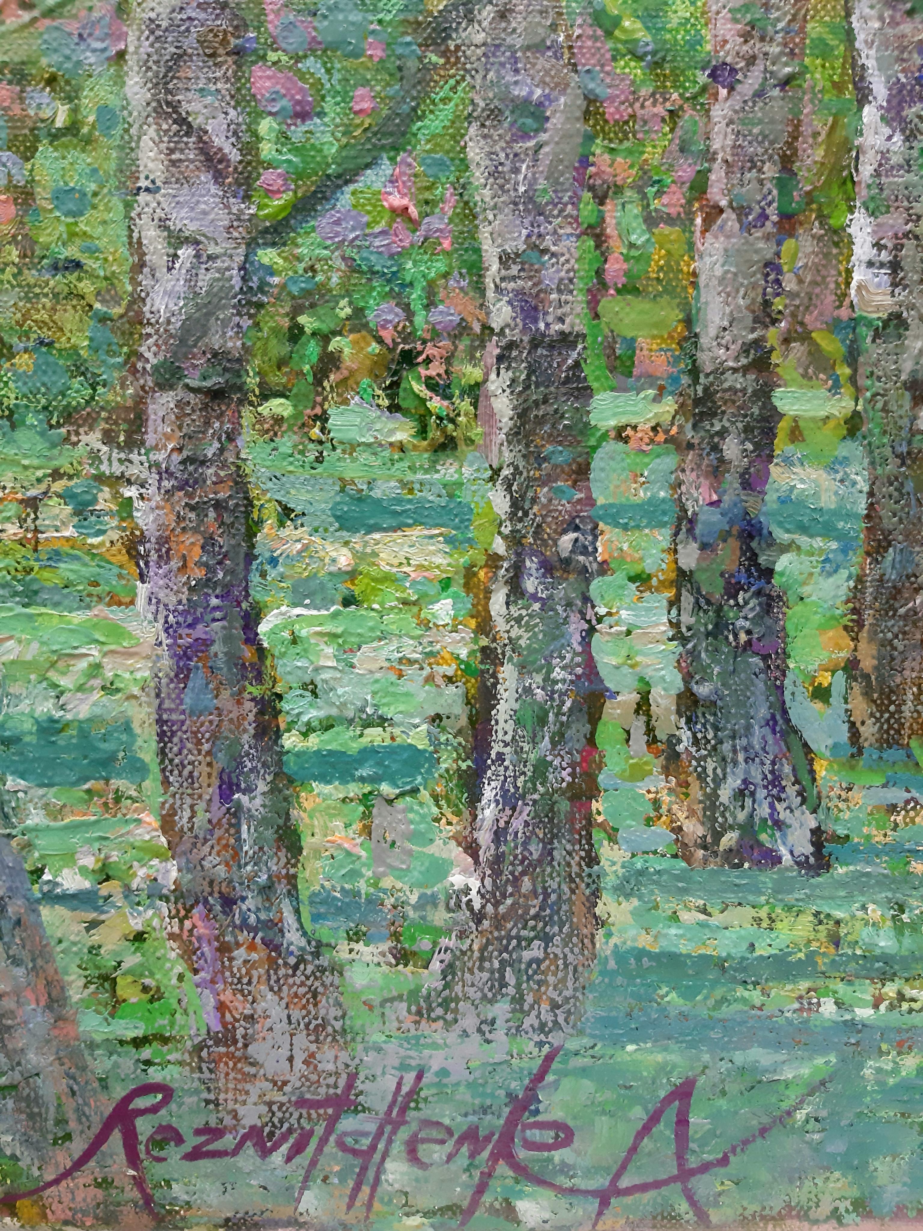Paseo Al Mediodía Paisaje Pintura Lienzo Óleo Colores Verde Blanco Púrpura Marrón en venta 2